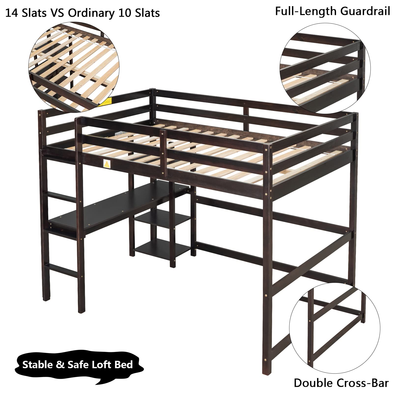 Full Size Loft Bed with Desk & Storage - Wooden High Loft Bed Frame with Shelves, Guardrail & Ladder - Study & Sleep Space Saver for Kids & Teens - No Box Spring Needed (Espresso) - Perfect for Small Bedrooms, Dorms & Studio Apartments