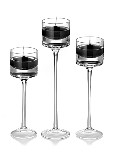Yummi Set of 18 Floating Candles & Monet Stem Holders - Elegant Black Wedding Decor for Pool, Bath, or Table Centerpieces