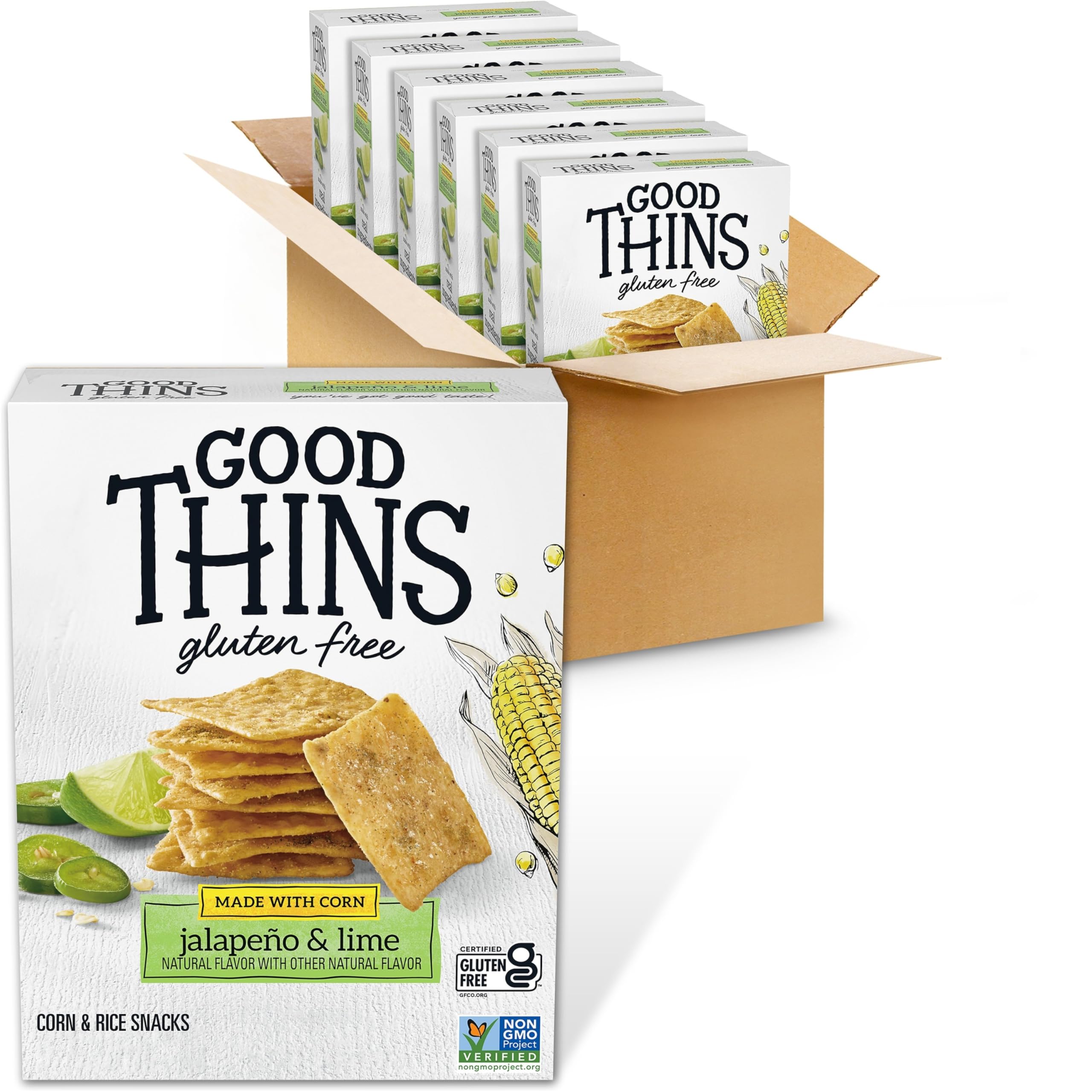 Gluten Free Jalapeño & Lime Corn & Rice Snacks - Bulk Pack of 6 (3.5 oz Boxes) | Healthy Crackers for Parties, School Lunches & On-the-Go Snacking