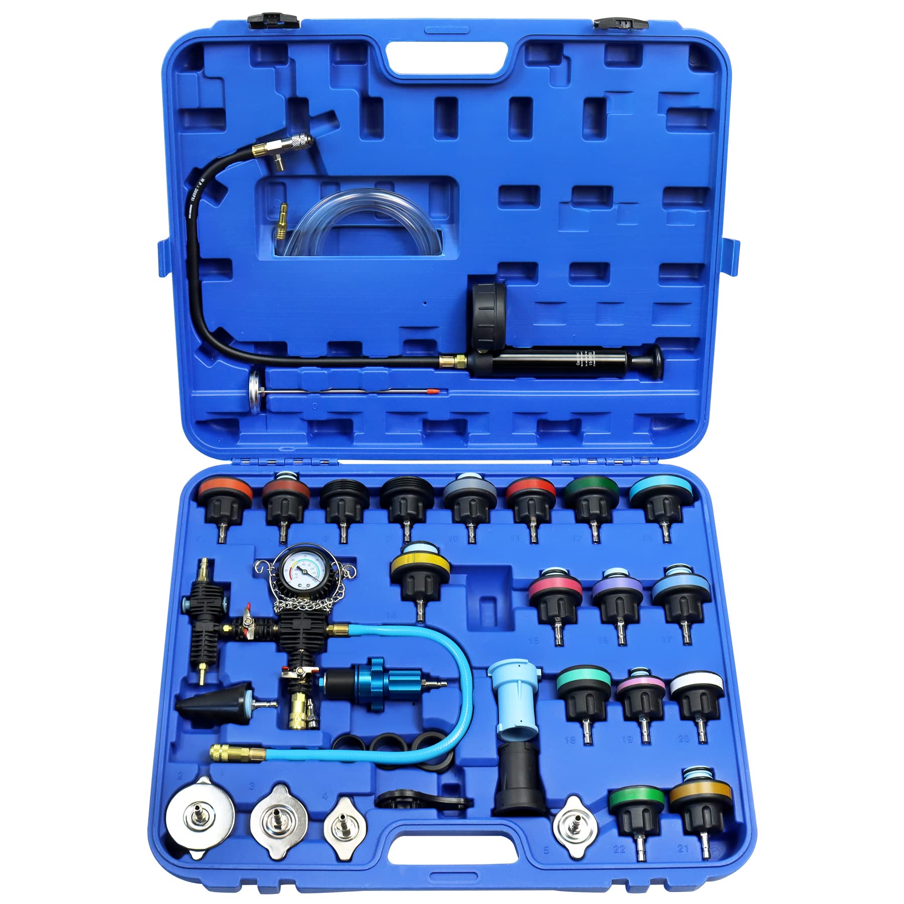JoyFans 33Pcs Automotive Radiator Pressure Tester Kit with Cooling System Vacuum Tool, Pressure Gauge & Universal Adapters for Cars, Trucks - Perfect for DIY Coolant Flush & System Maintenance
