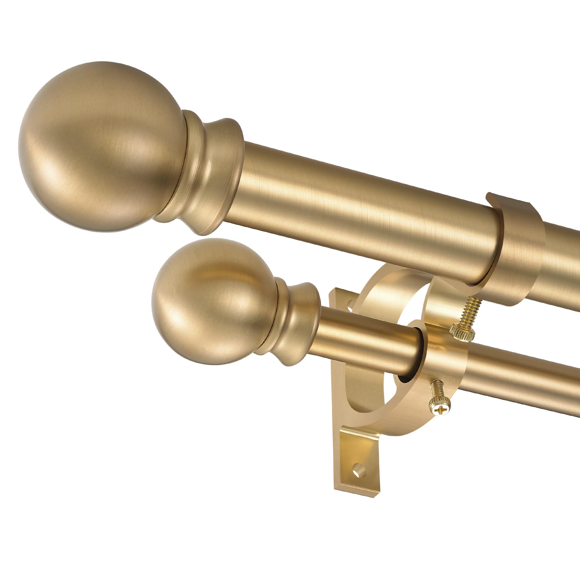36-72 Inch Adjustable Warm Gold Double Curtain Rod Set - 1’’ Front & 5/8’’ Back Drapery Rod with Small Round Ball Finials & Aluminum Brackets for Sheer/Blackout Curtains - Perfect for Living Room, Bedroom & Bay Windows