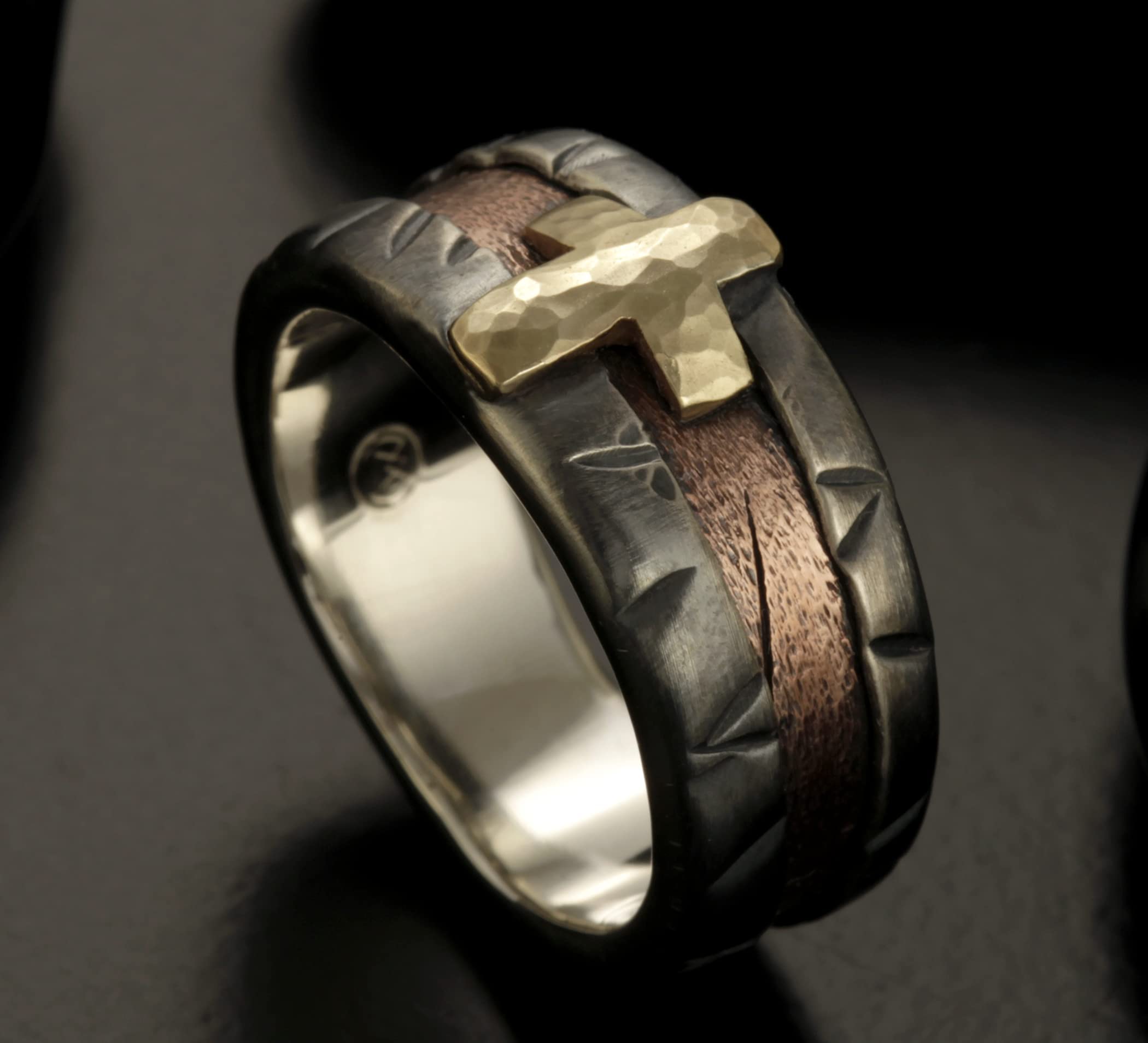 14K Gold Silver & Copper Cross Men's Ring - Unique Wedding Band for Men (RS-1402) | Perfect for Grooms, Anniversaries & Everyday Wear