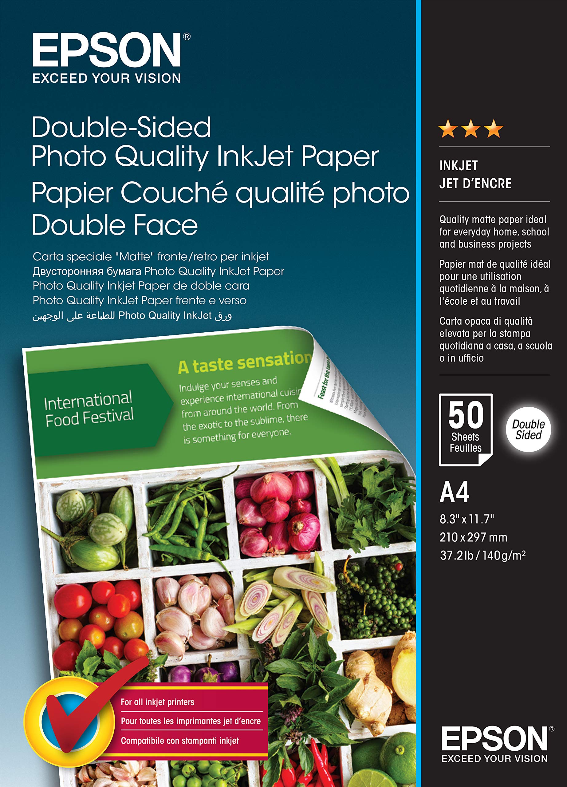 Epson Premium Double-Sided Photo Quality Inkjet Paper - A4 Size, 140gsm, 50 Sheets Pack - Ideal for Professional Photos, Brochures & Art Projects