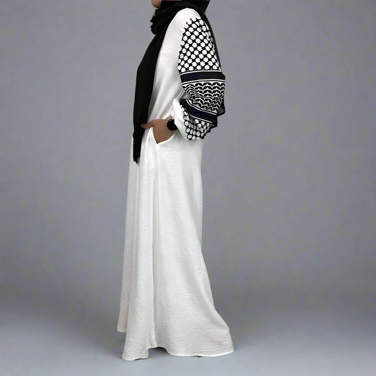 Stylish Keffiyeh Abaya Dress with Hood & Pockets - Modest Islamic Fashion for Women - Perfect for Prayer, Travel & Everyday Wear