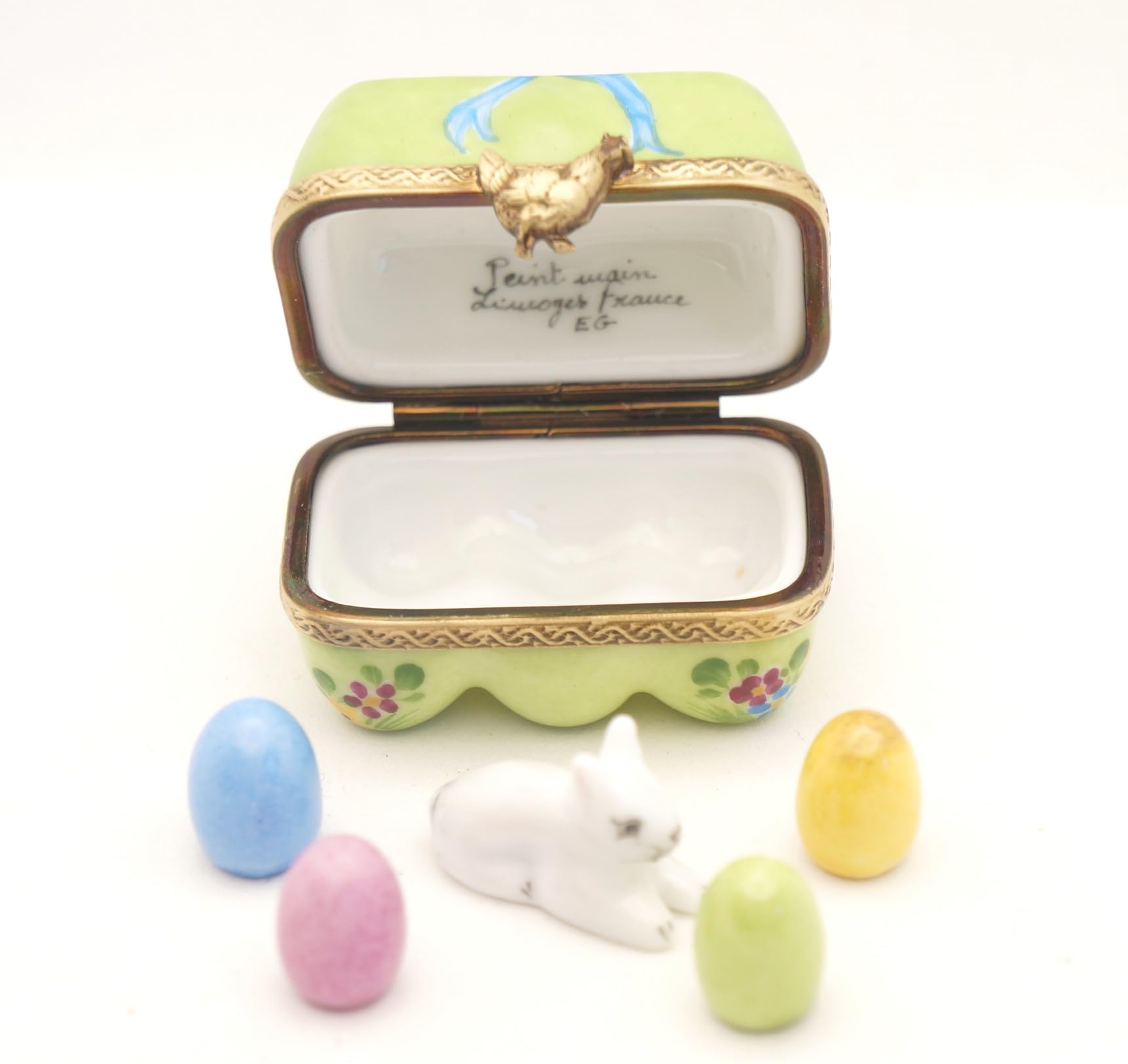 Authentic Hand-Painted Limoges Porcelain Egg Carton Box with Removable Eggs & Bunny - French Collectible Home Decor for Easter, Spring Display & Gift Giving