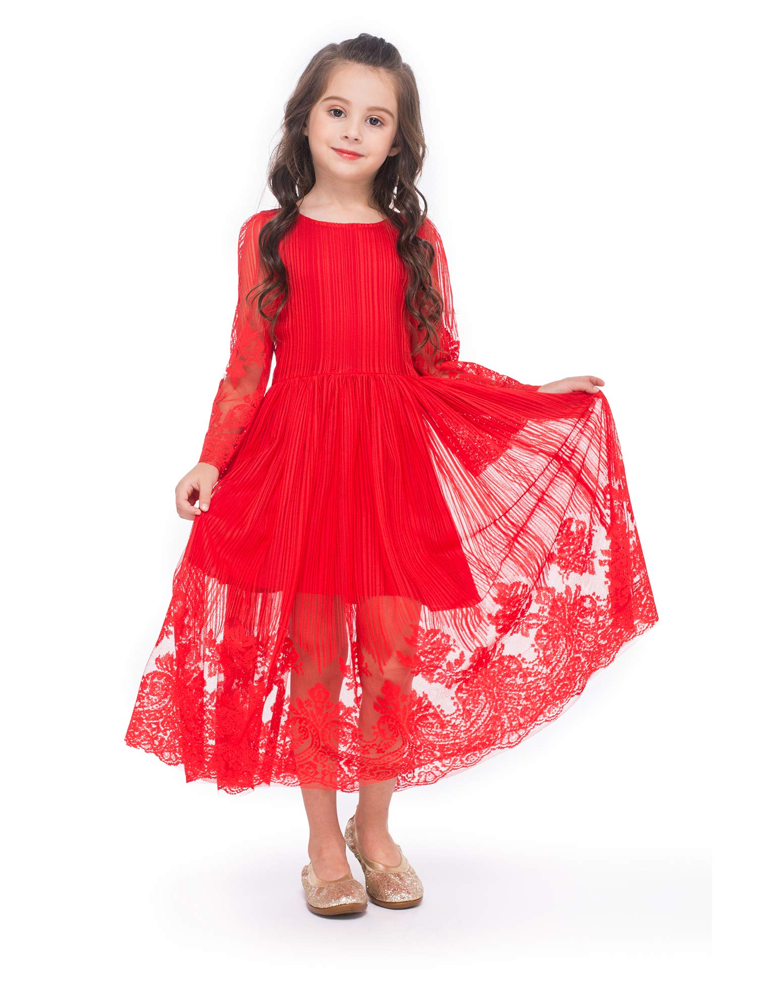 Girls Lace Floral Dress - Long Sleeve Midi First Communion Dress for Girls, Flower Girl Dress for Wedding, Birthday Party & Special Occasions | Elegant Church Attire, Casual Party Wear & Photo Shoot Outfit