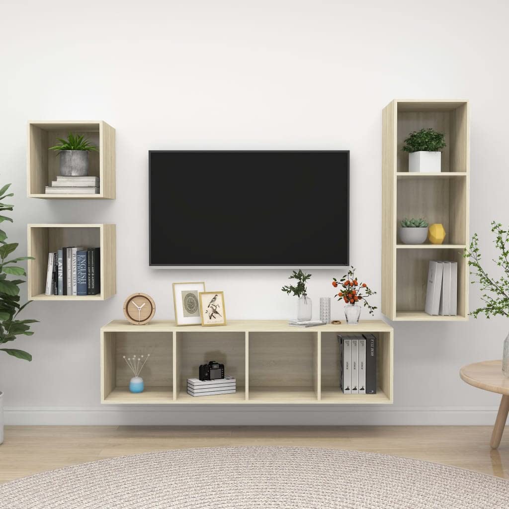 4 Piece Hanging TV Cabinet Set - Modern Sonoma Oak Chipboard Entertainment Center with Storage | Wall Mounted HiFi Cabinet & Display Shelf for Living Room, Bedroom, Office | Perfect for Gaming Setup & Home Decor Organization