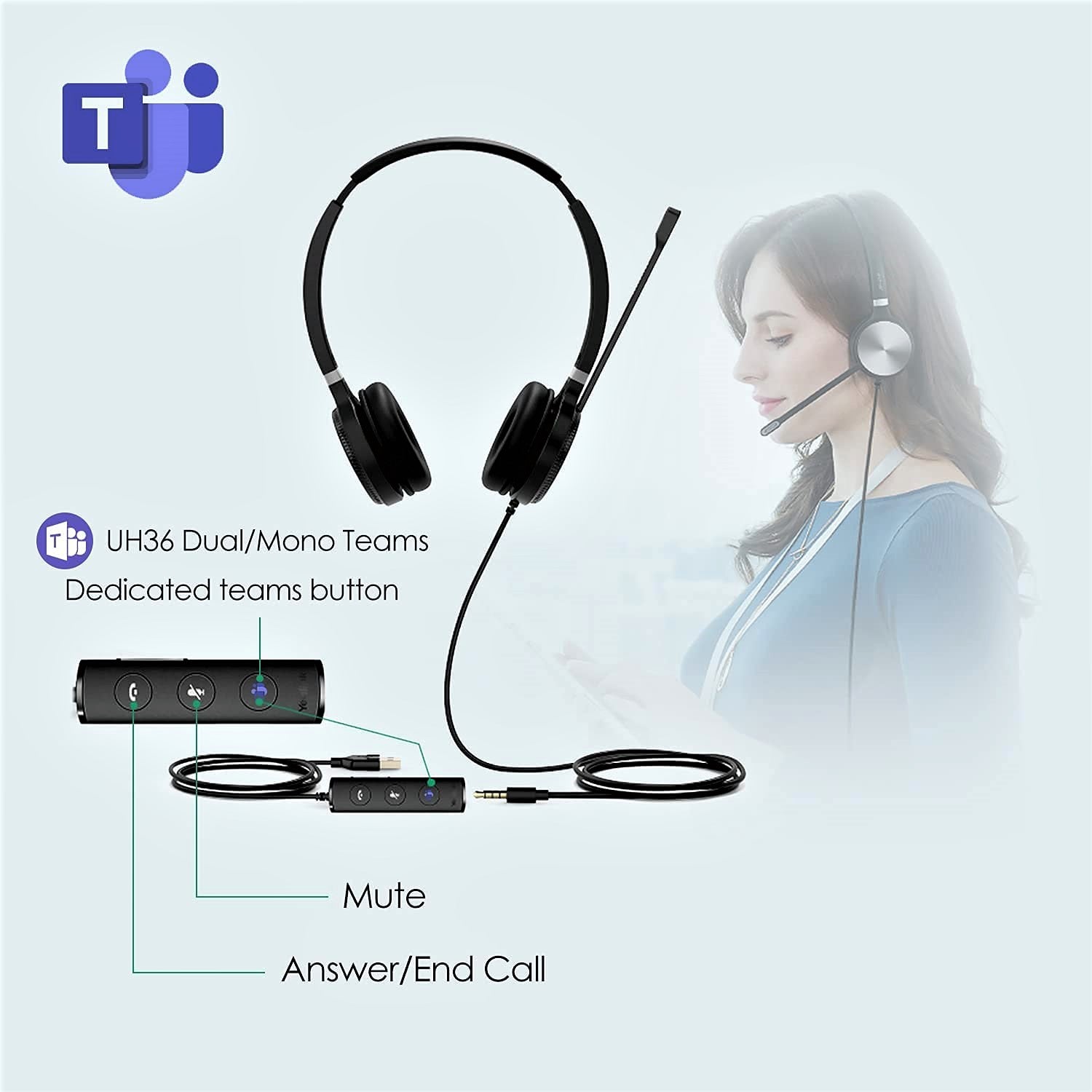 Yealink UH36 USB Wired Headset with Noise Cancelling Mic - Dual/Mono Mode for Office, Call Center & Remote Work | Comfortable Over-Ear Design for Long Wear