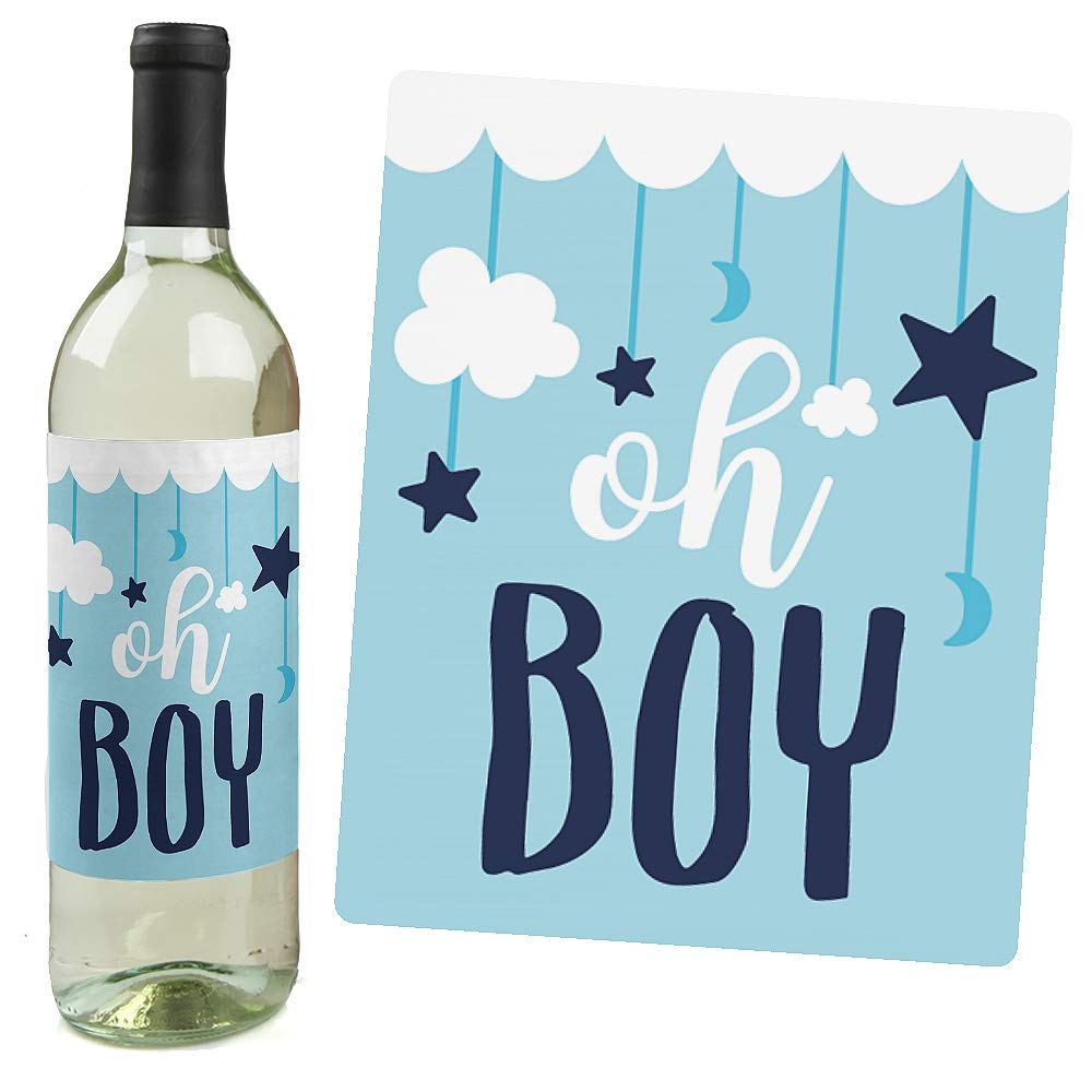 Big Dot of Happiness It's a Boy - Blue Baby Shower Decorations for Women and Men - Wine Bottle Label Stickers - Set of 4 - Perfect for Gender Reveal Parties, Newborn Celebrations & Nursery Decor