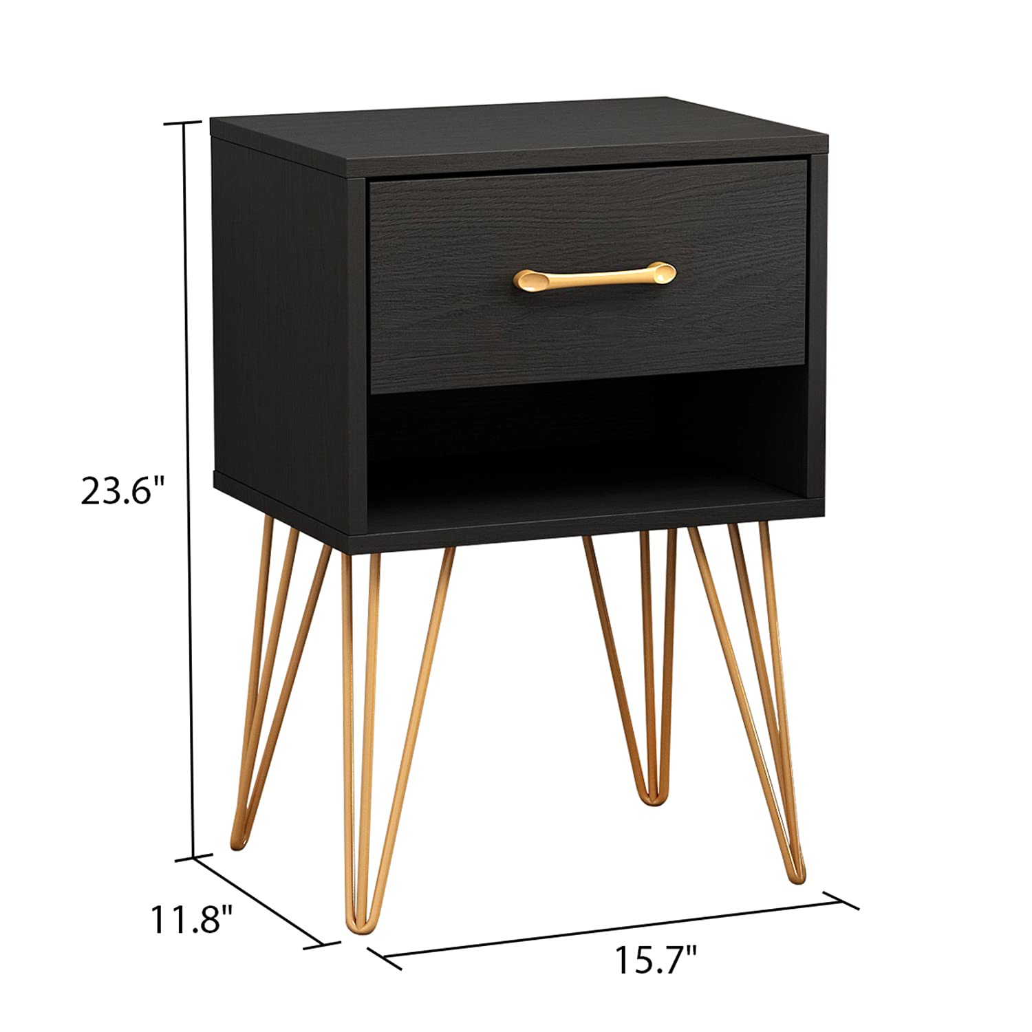 Homsee Nightstand with Drawer & Shelf - Modern Bedside Table with Iron Legs for Bedroom, Living Room - Black End Table for Small Spaces & Apartment Decor