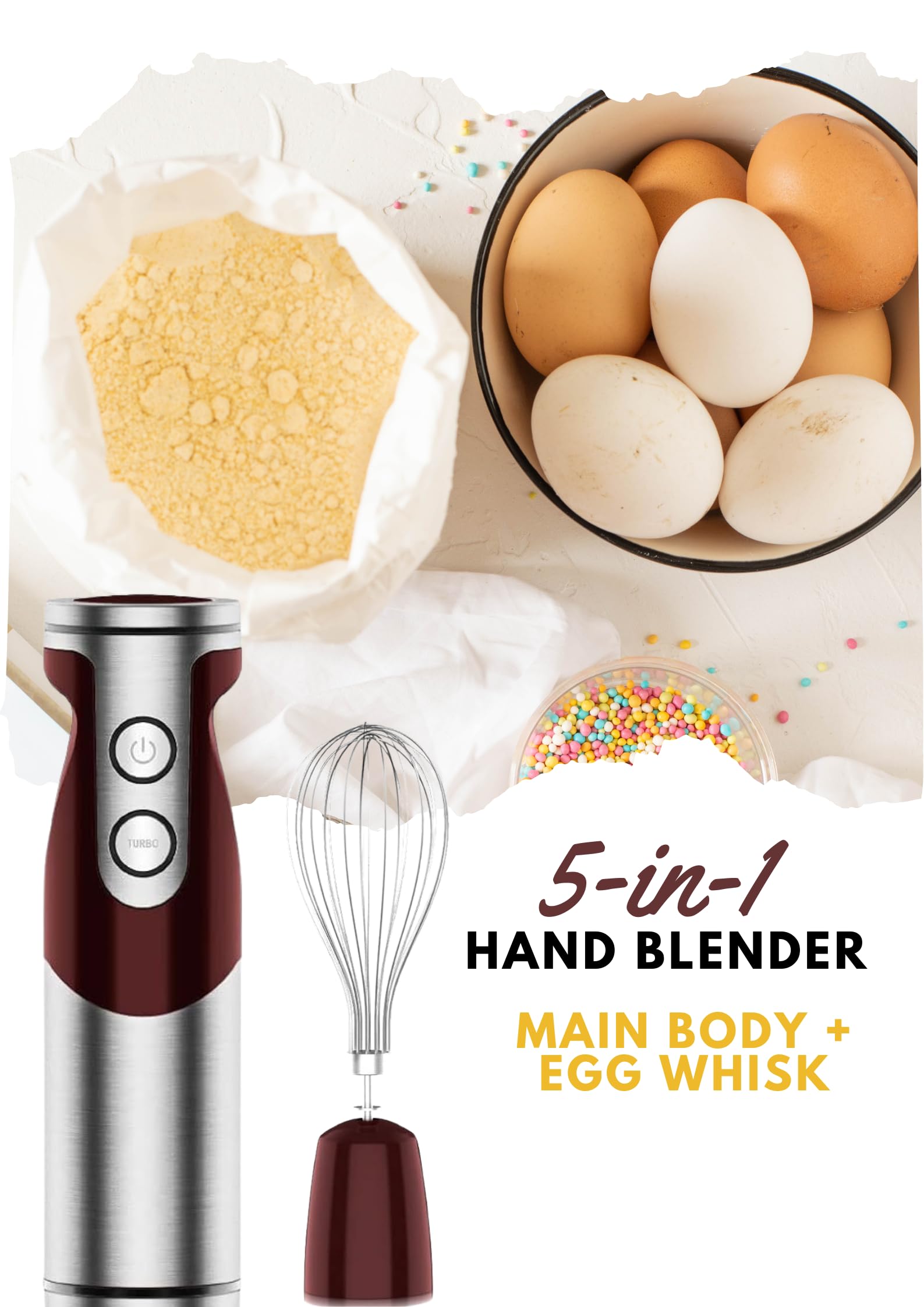MegaWise 400W 5-in-1 Immersion Hand Blender Set with Variable Speed Control - Includes Whisk, Milk Frother, Food Chopper & Mixing Beaker for Smoothies, Soups, Baby Food & Baking - Perfect for Kitchen, Home Cooking & Meal Prep (Red)