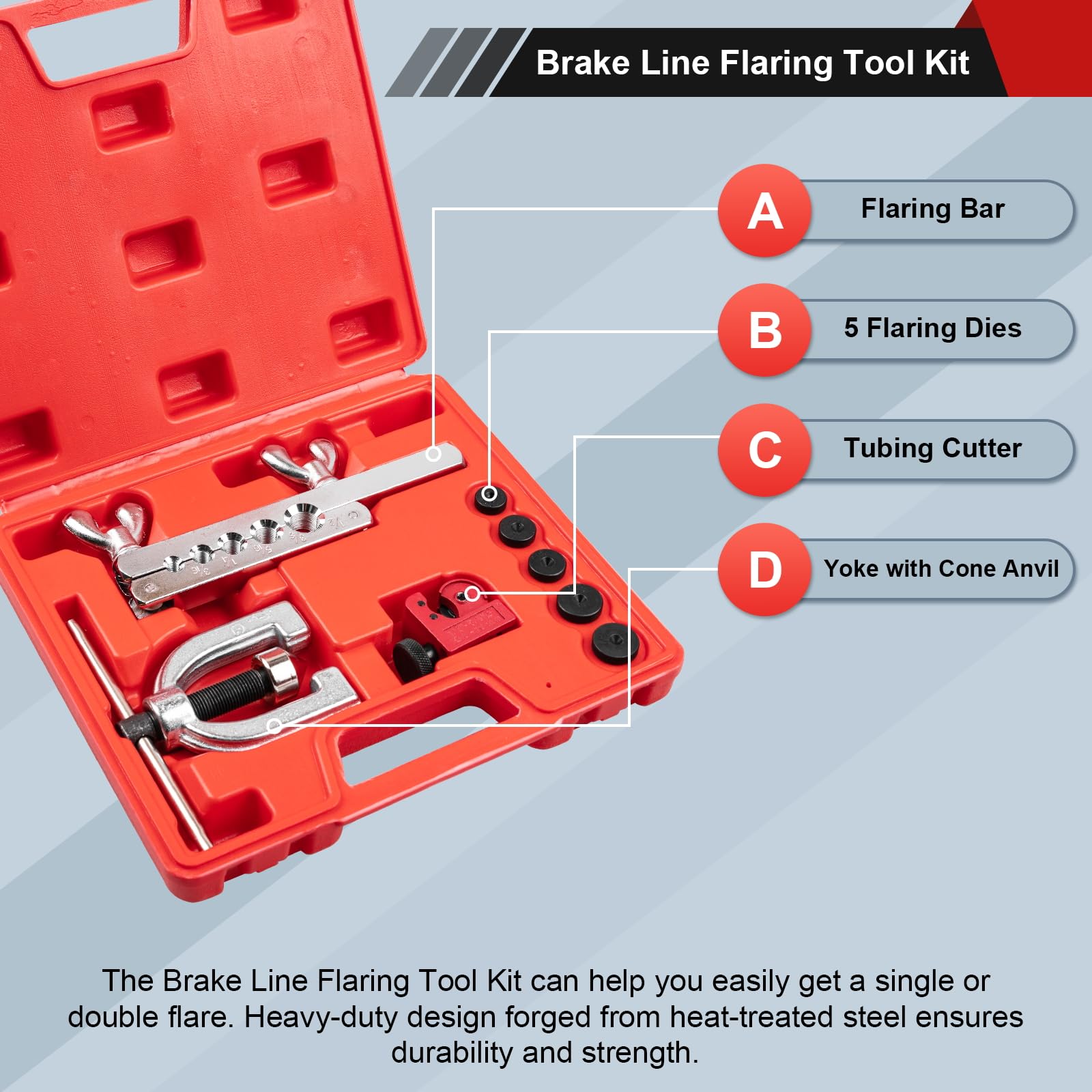 Brake Line Flaring Tool Kit - Double & Single Flare Tool with Tubing Cutter, 5 Adapters (45 Degree) for Copper, Aluminum & Brass Tubing - Professional Brake Line Repair Kit for Automotive & DIY Projects