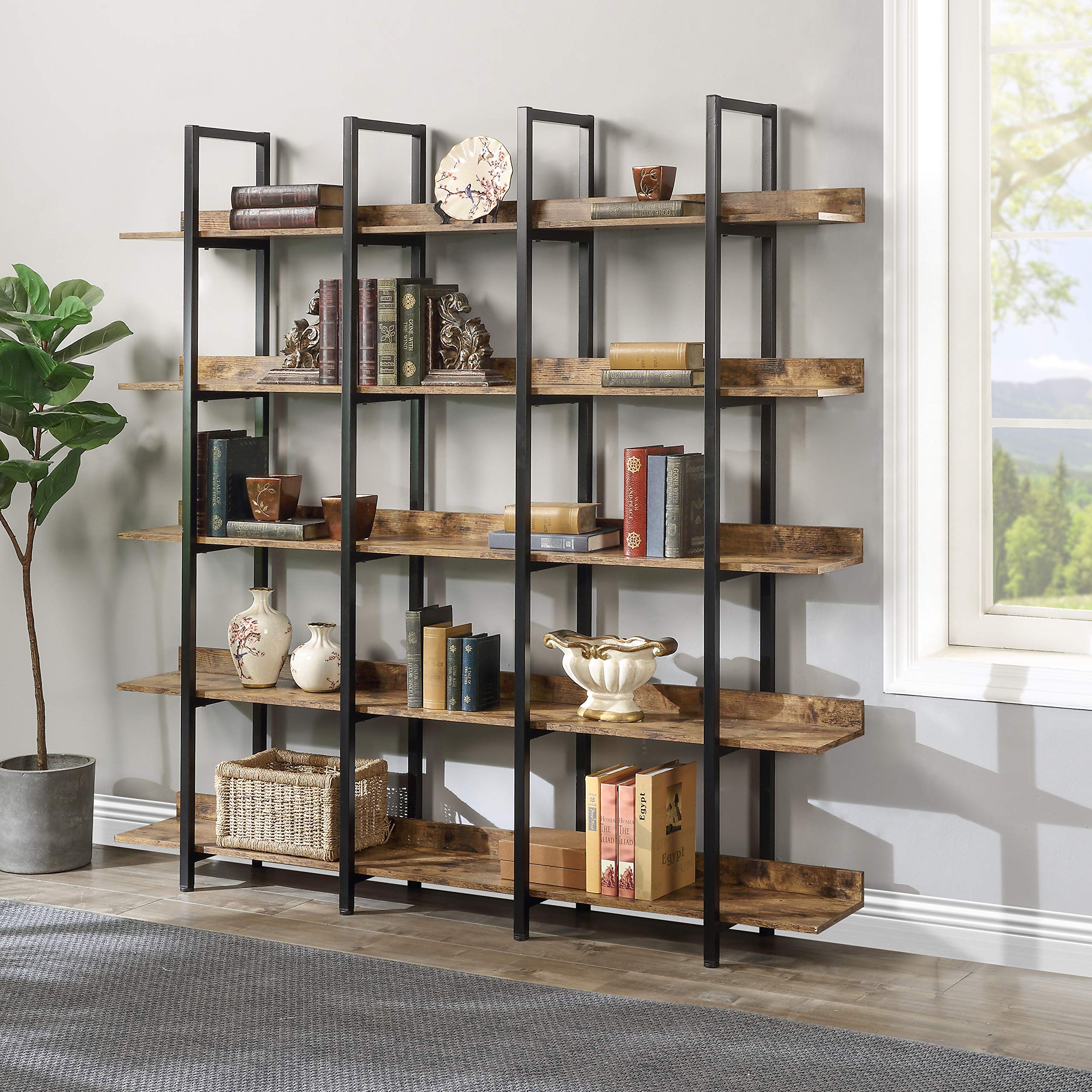 5-Tier Industrial Bookshelf - Sturdy Metal Frame Storage Organizer for Home Office, Living Room & Bedroom - Brown Wooden Bookcase for Books, Decor & Display