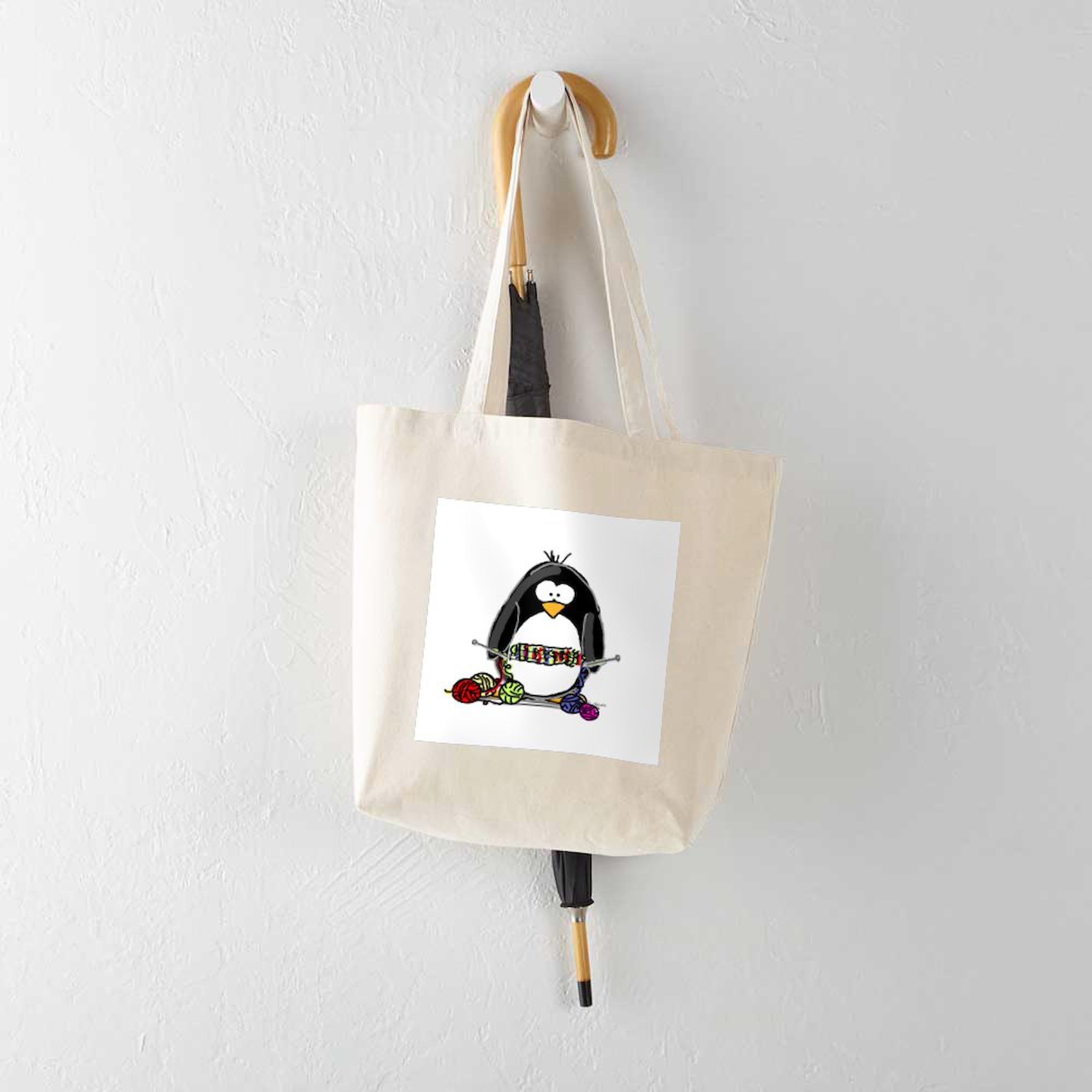 Knitting Penguin Tote Bag - Eco-Friendly Natural Canvas Reusable Shopping Bag for Groceries, Beach & Daily Use | CafePress