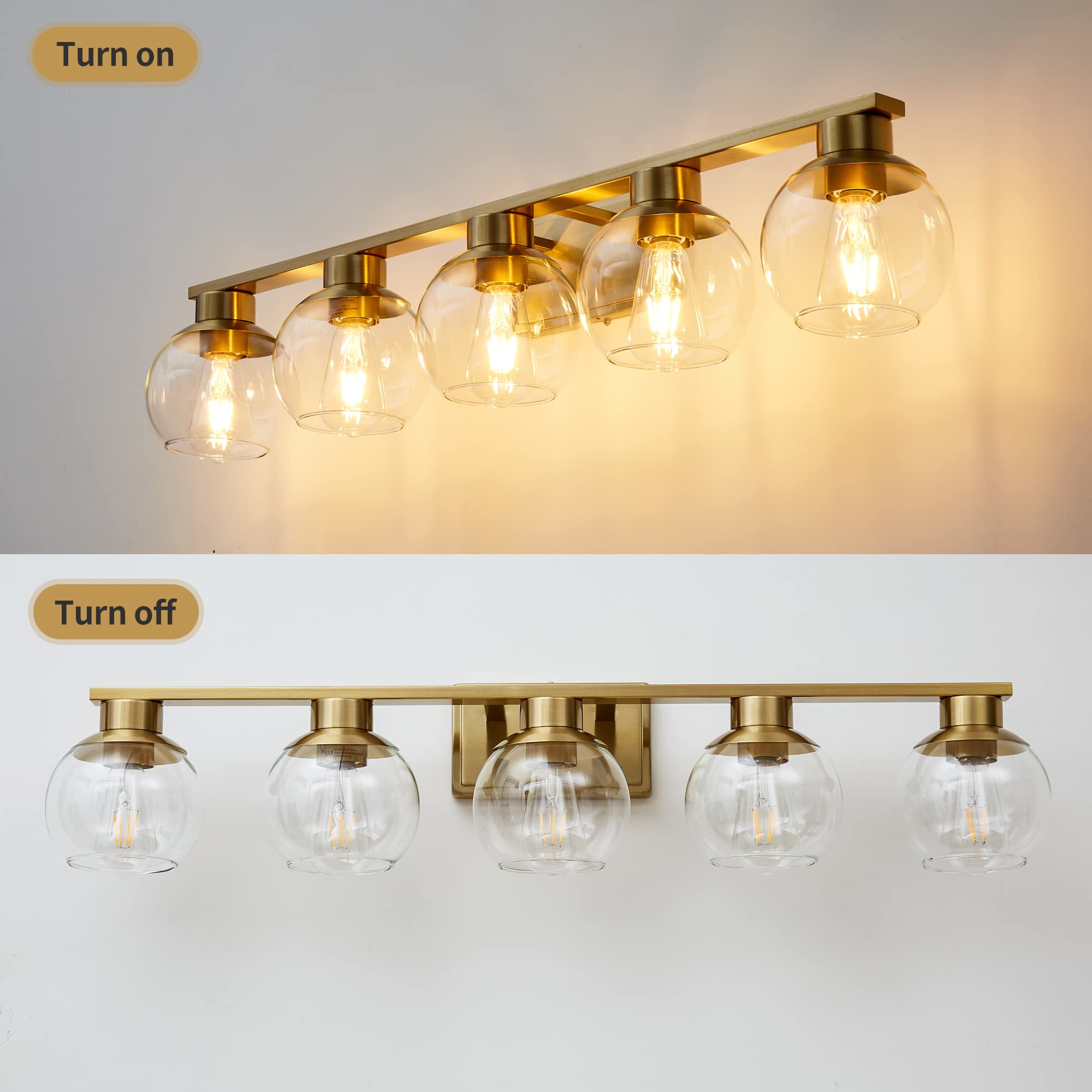PAZALA Brushed Brass 5-Light Bathroom Vanity Light Fixture - Wall Sconce with Globe Glass Shade & E26 Base - Perfect for Bathroom Mirror, Bedroom, Living Room, Hallway & Picture Wall Lighting (Ideal for Modern Home Decor & Vanity Makeup Area)