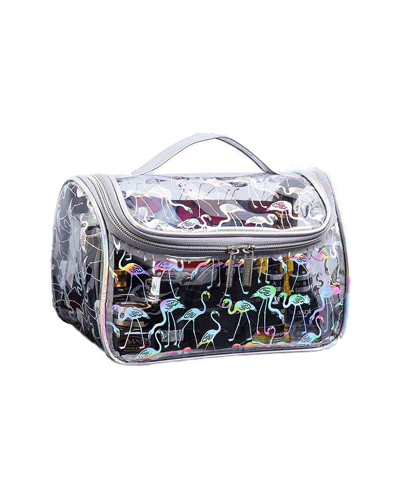 UCARE Clear Makeup Bag - Waterproof Transparent Travel Cosmetic Organizer with Handle, PVC Zippered Toiletry Pouch for Women (8.6”x5.5”x5.9”) - Perfect for Vacation, Gym, Air Travel & Daily Essentials Storage (Flamingo Design)