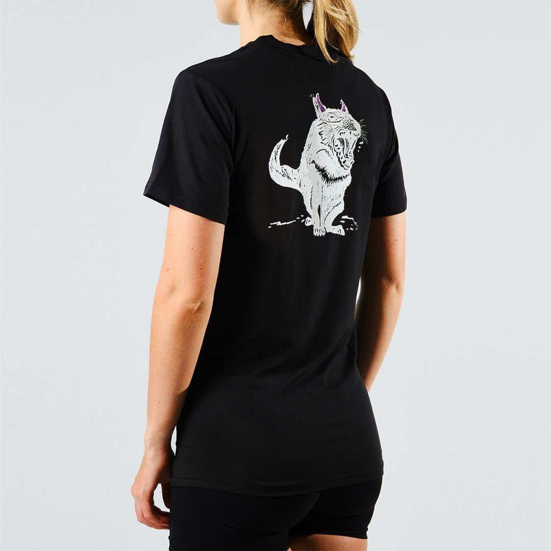 Eco-Friendly Women's Running Shirts - Tarkine Ultra Eco Tee in Tassie Devil Black | Sustainable Activewear for Outdoor Jogging & Gym Workouts