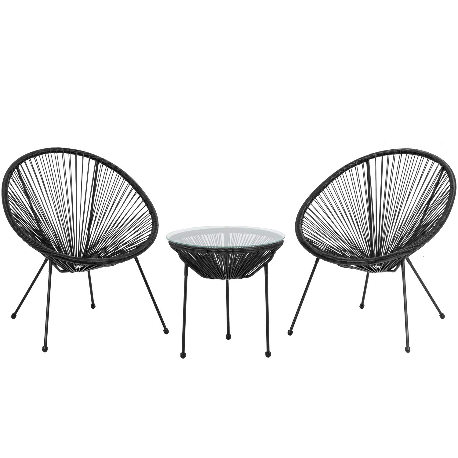 **FDW 2-Piece Outdoor Bistro Set - All-Weather Acapulco Chairs with Glass Top Side Table, Black Hammock Weave Patio Furniture for Garden, Balcony & Small Spaces**