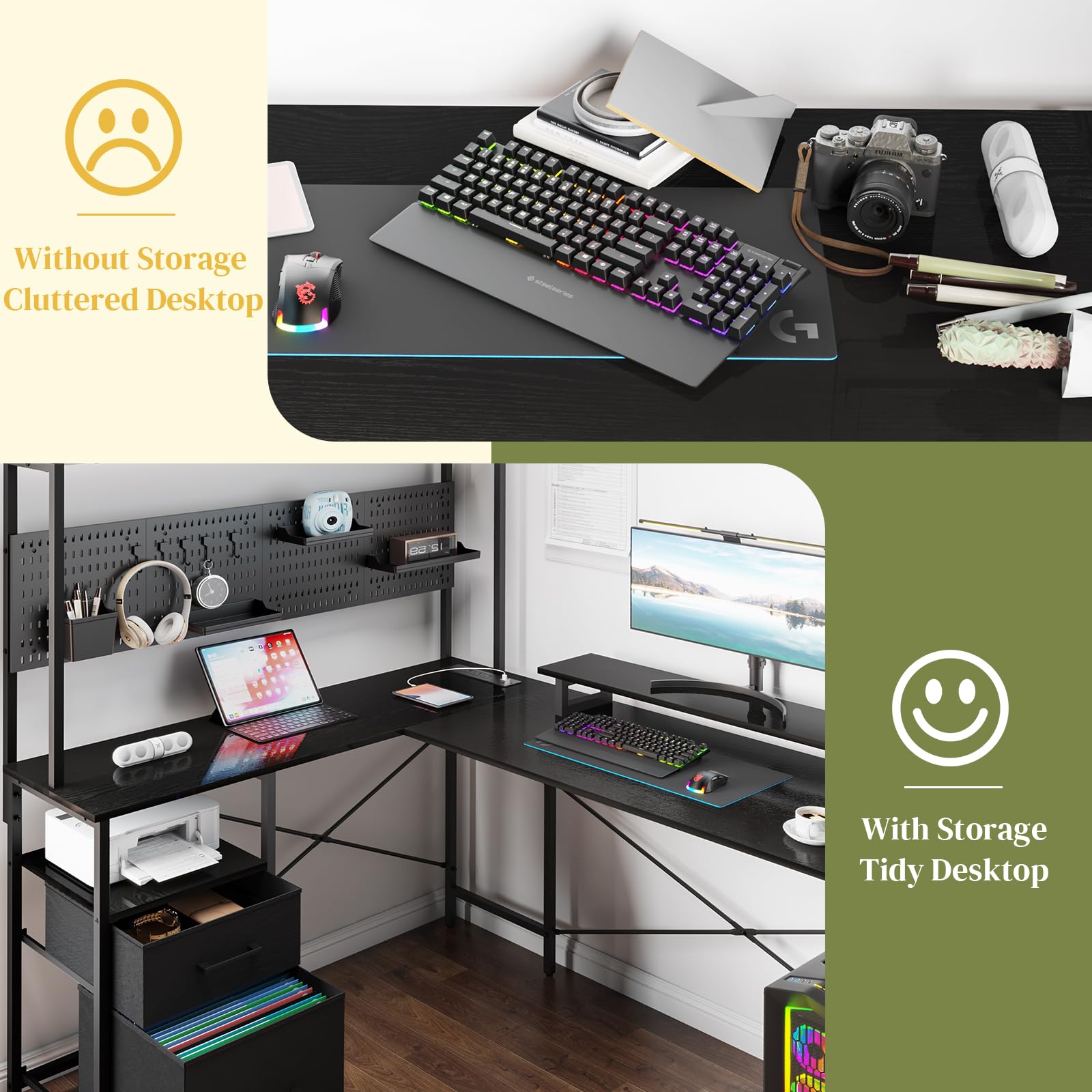 Yoobure L-Shaped Desk with Pegboard & LED Lights - Reversible Computer Desk with Drawers, Storage Shelves & Power Outlets - Gaming & Office Desk with Monitor Stand - Perfect for Home Office, Study & Workspace Setup