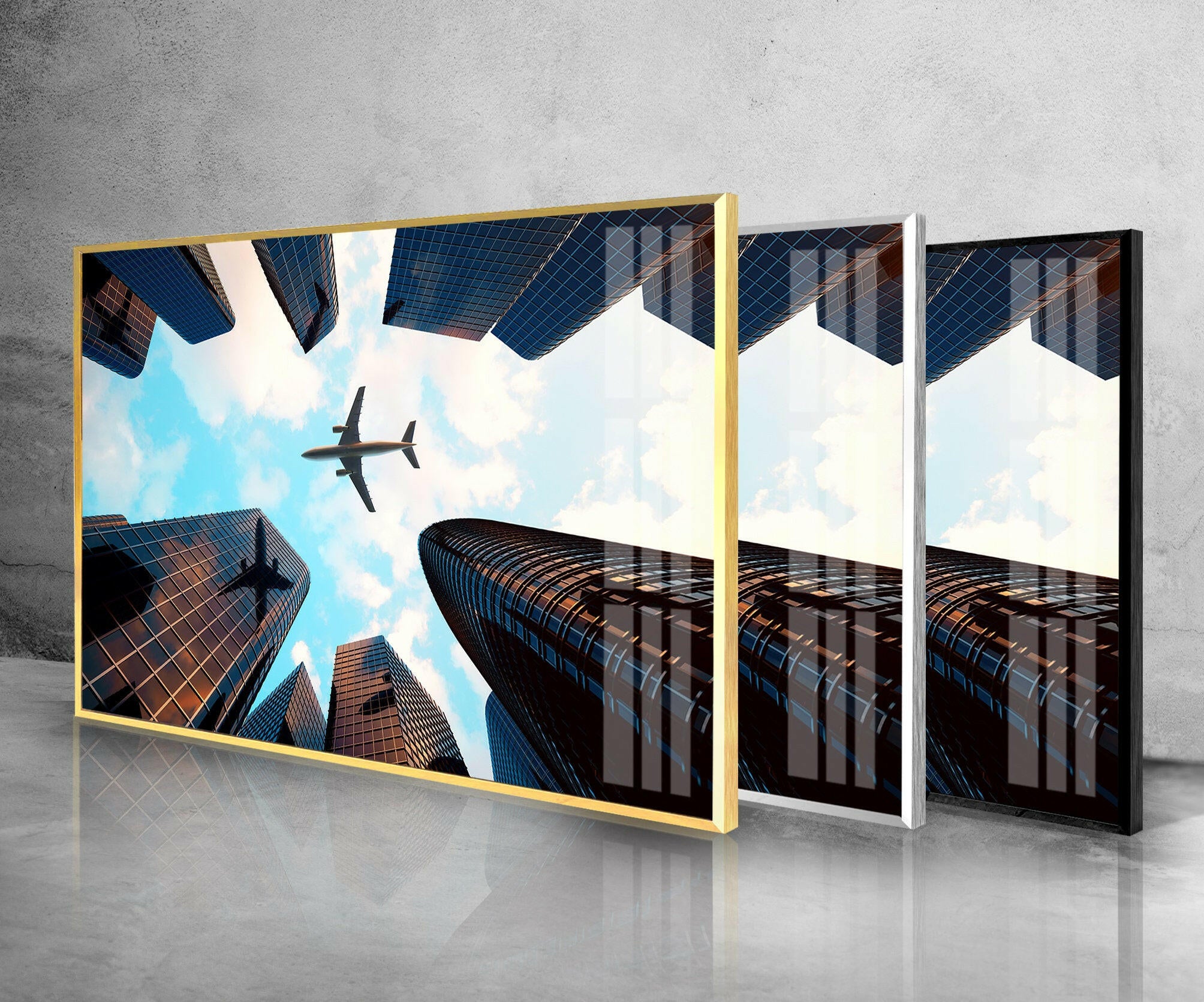 Modern City Skyline & Airplane Glass Wall Art - Urban Decor for Living Room, Office & Bedroom