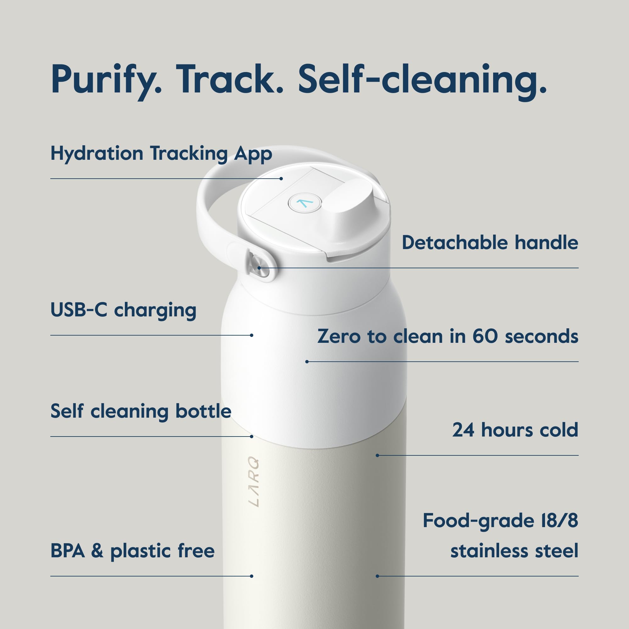 LARQ Bottle PureVis 2 - Self-Cleaning UV Water Purifier with Hydration Tracking App, Filter Straw & Detachable Handle | 24hr Double-Wall Insulated Stainless Steel Water Bottle for Hiking, Gym & Travel