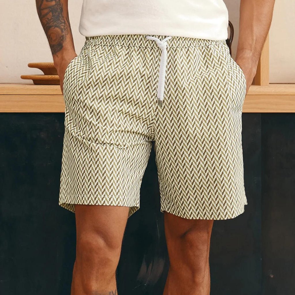 FRESCOBAL CARIOCA Board Swim Shorts for Men - Quick Dry Beach Trunks with Copacabana Print, White/Green - Perfect for Swimming, Surfing & Summer Vacations