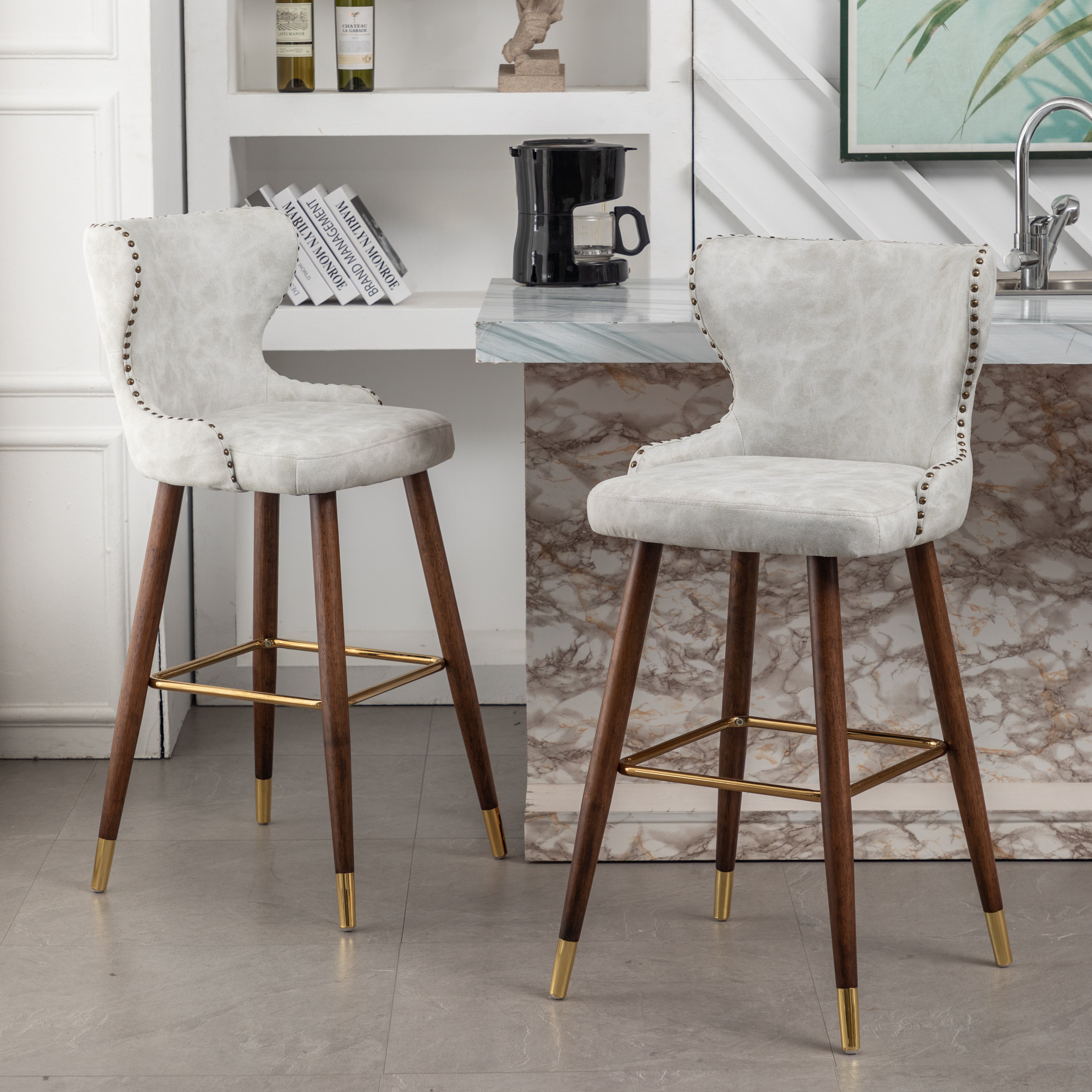 Roundhill Furniture Nevis Mid Century Modern Faux Leather Tufted Bar Stools with Nailhead Trim - Set of 2 White Barstools for Kitchen Island, Breakfast Nook & Home Bar Decor