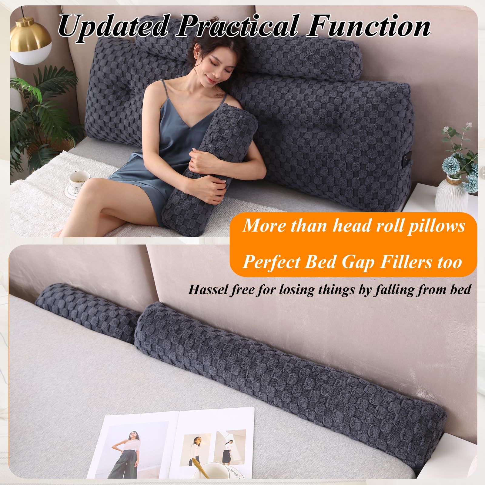 **Wedge Headboard Pillows Set - Long & Short Bolster Pillows for Bed Backrest, Sitting in Bed - Perfect for Reading, Relaxing, and Watching TV**