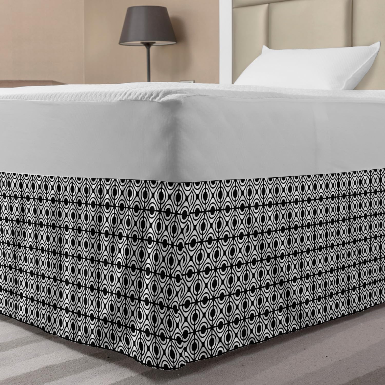 Ambesonne Geometric Bed Skirt - Retro Diamond & Dot Pattern Elastic Dust Ruffle Wrap Around Bedskirt for Full Size Beds | Black & White Home Decor for Modern & Vintage Bedrooms