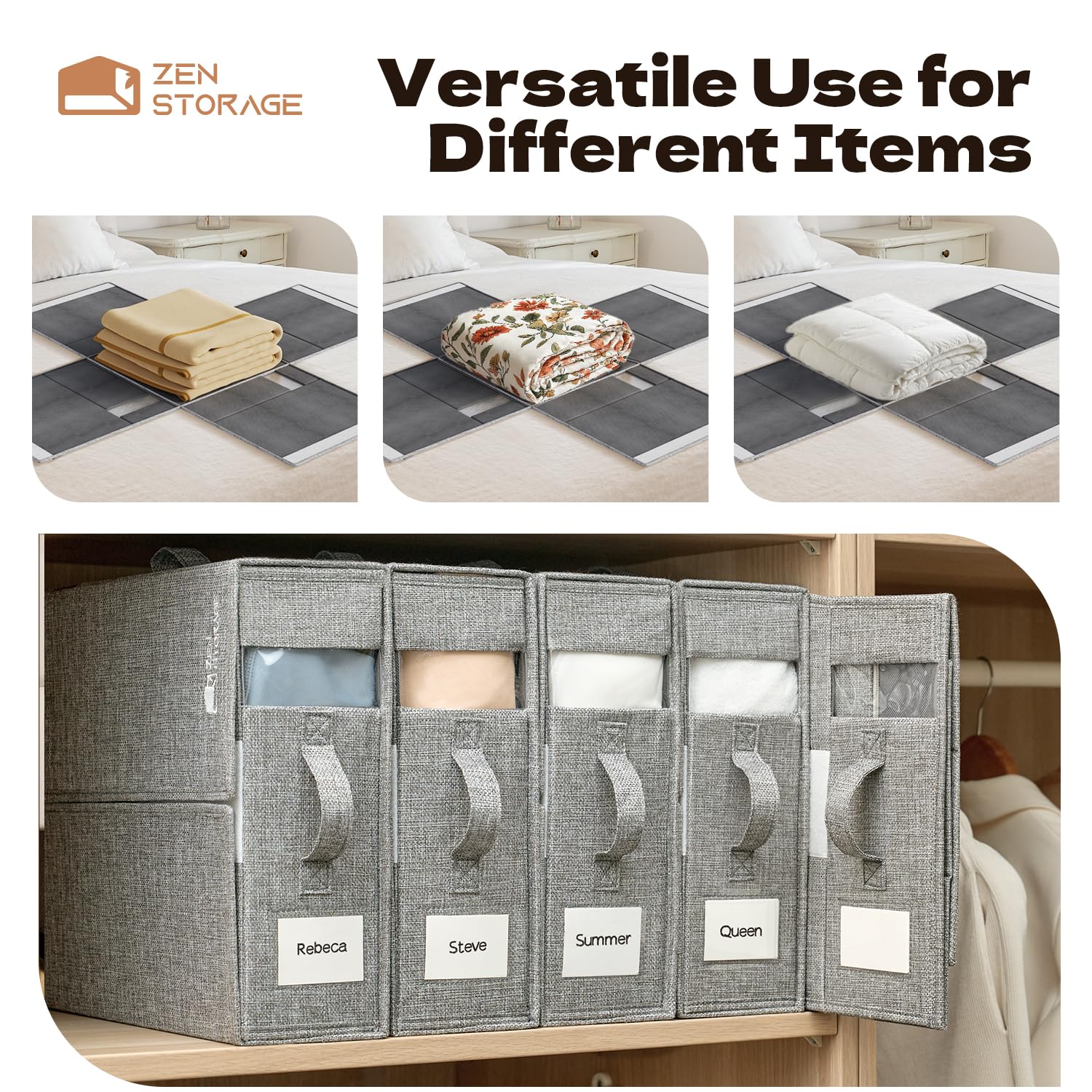 4 Pack Foldable Sheet Storage Box with Handle - King & Queen Size Closet Organizer for Bed Sheets, Blankets, Coverlets & Towels (Beige) | Space-Saving Solution for Bedroom, Linen Closet & RV Storage