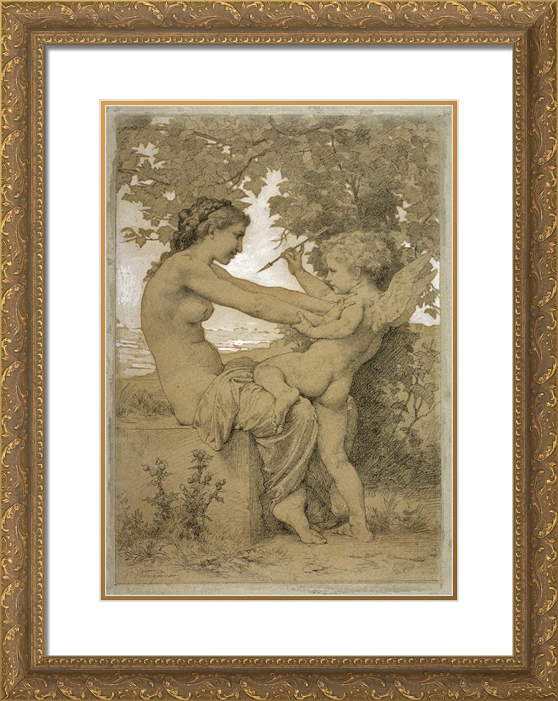 William-Adolphe Bouguereau 'Love's Resistance' 19x24 Inch Gold Ornate Framed Art Print with Double Matting - Classic Oil Painting Reproduction for Living Room, Bedroom & Office Decor