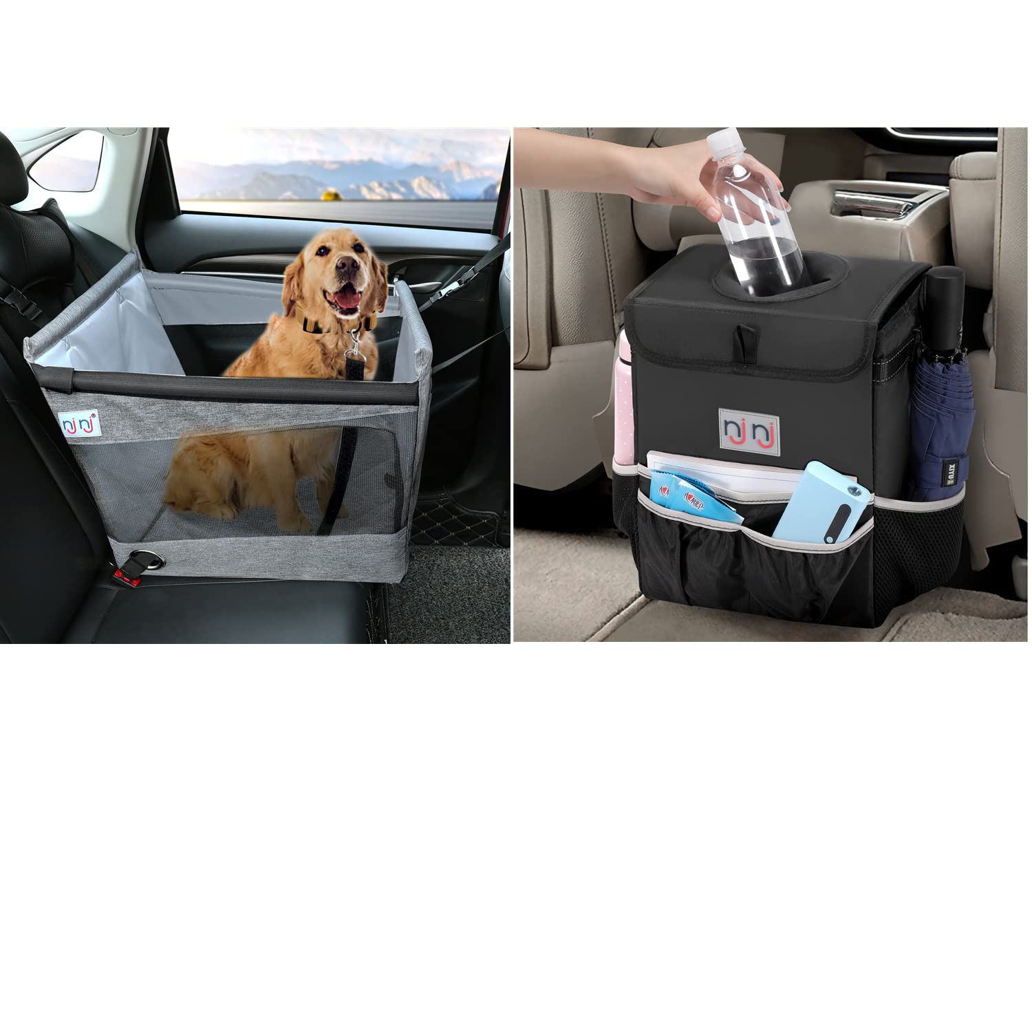 Waterproof Dog Car Seat for Pets Travel with Non-Slip Pad & Large Car Trash Can - Super Size Pet Travel Accessories for Road Trips, Camping and Outdoor Adventures