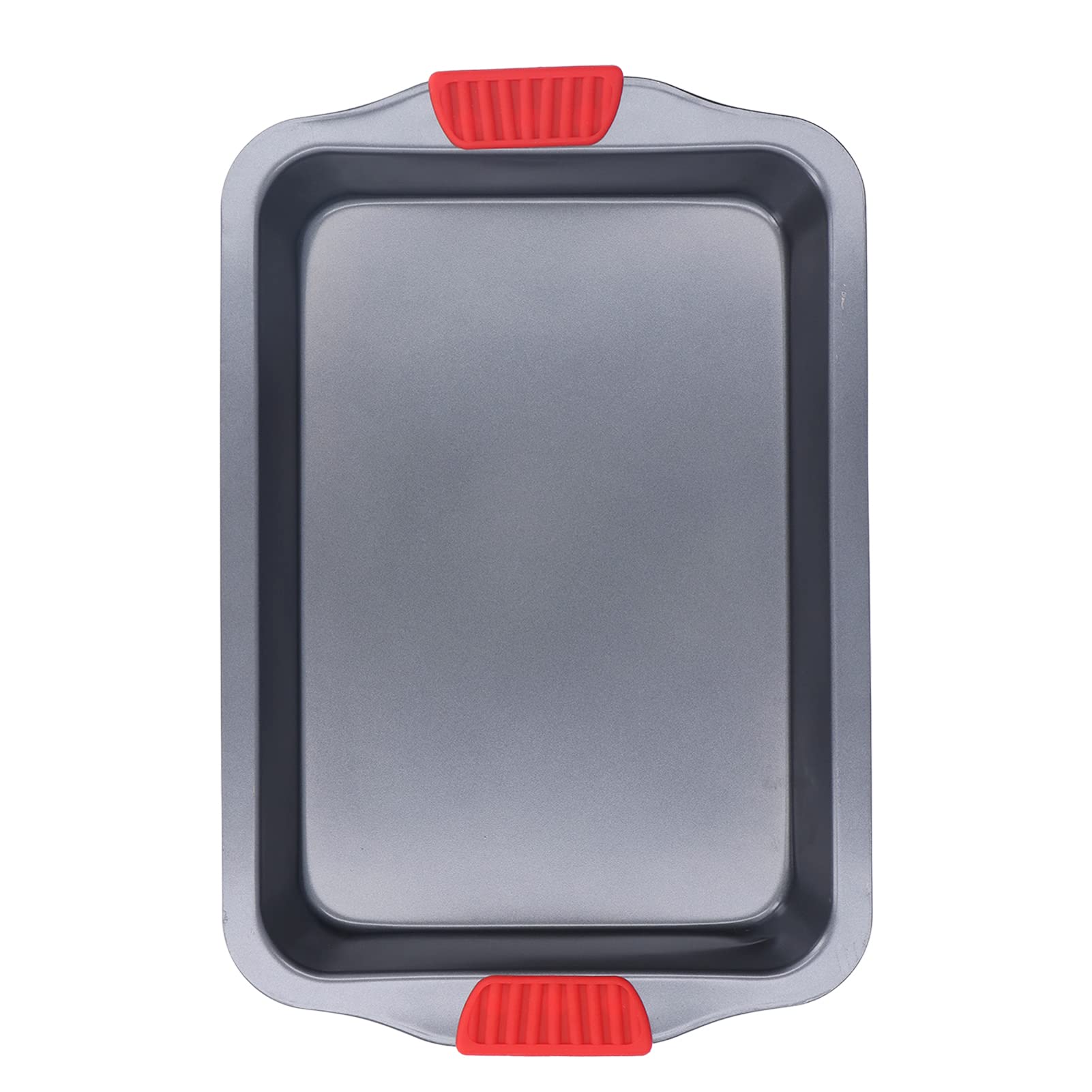 Red Silicone Handle Carbon Steel Baking Pan with Non-Stick Coating - Deepened Rectangular Design for Oven, Bakery & Kitchen (A-107 with Ears) - Perfect for Cakes, Breads & Sheet Pan Dinners