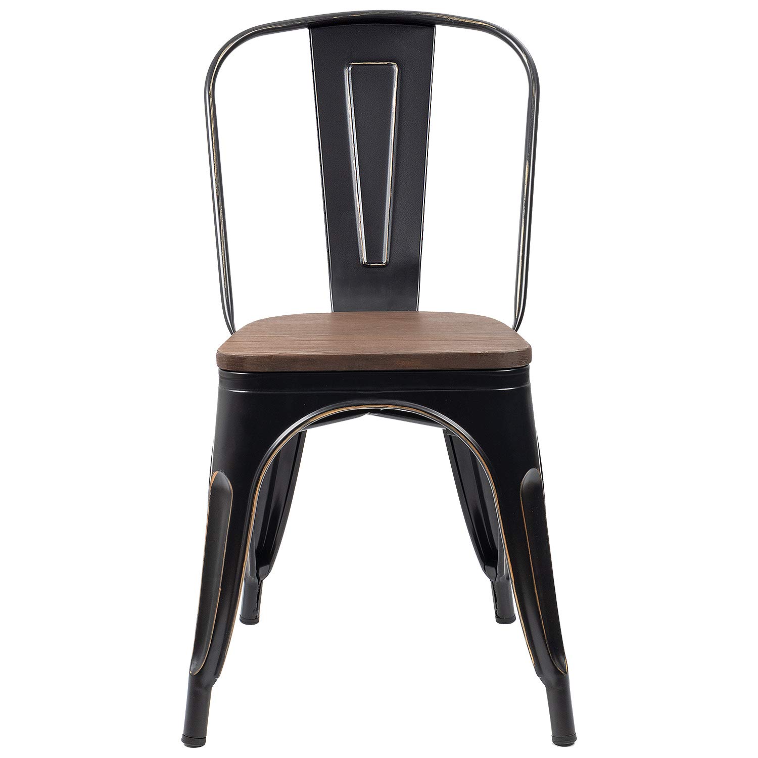 Furmax 4-Pack Black Gold Metal Dining Chairs with Wood Seat - Stackable Indoor Outdoor Bistro Cafe Side Chairs for Patio, Restaurant & Home Dining
