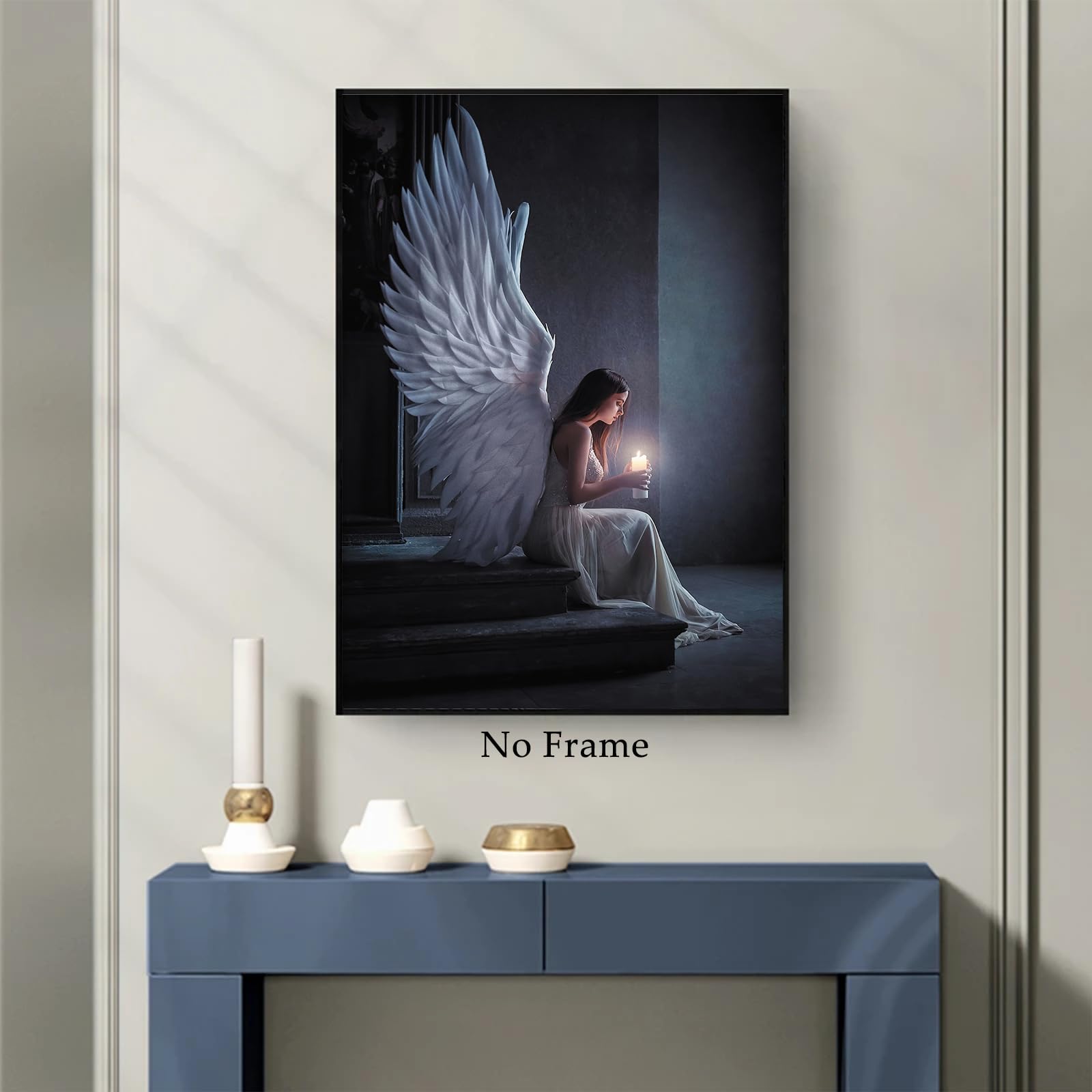 White Angel Painting - Modern Black & White Angel Wings Poster, Praying Woman Wall Art, Dark Blue Abstract Canvas Art (16x24in Unframed) - Perfect for Home Decor, Bedroom Aesthetic & Spiritual Spaces
