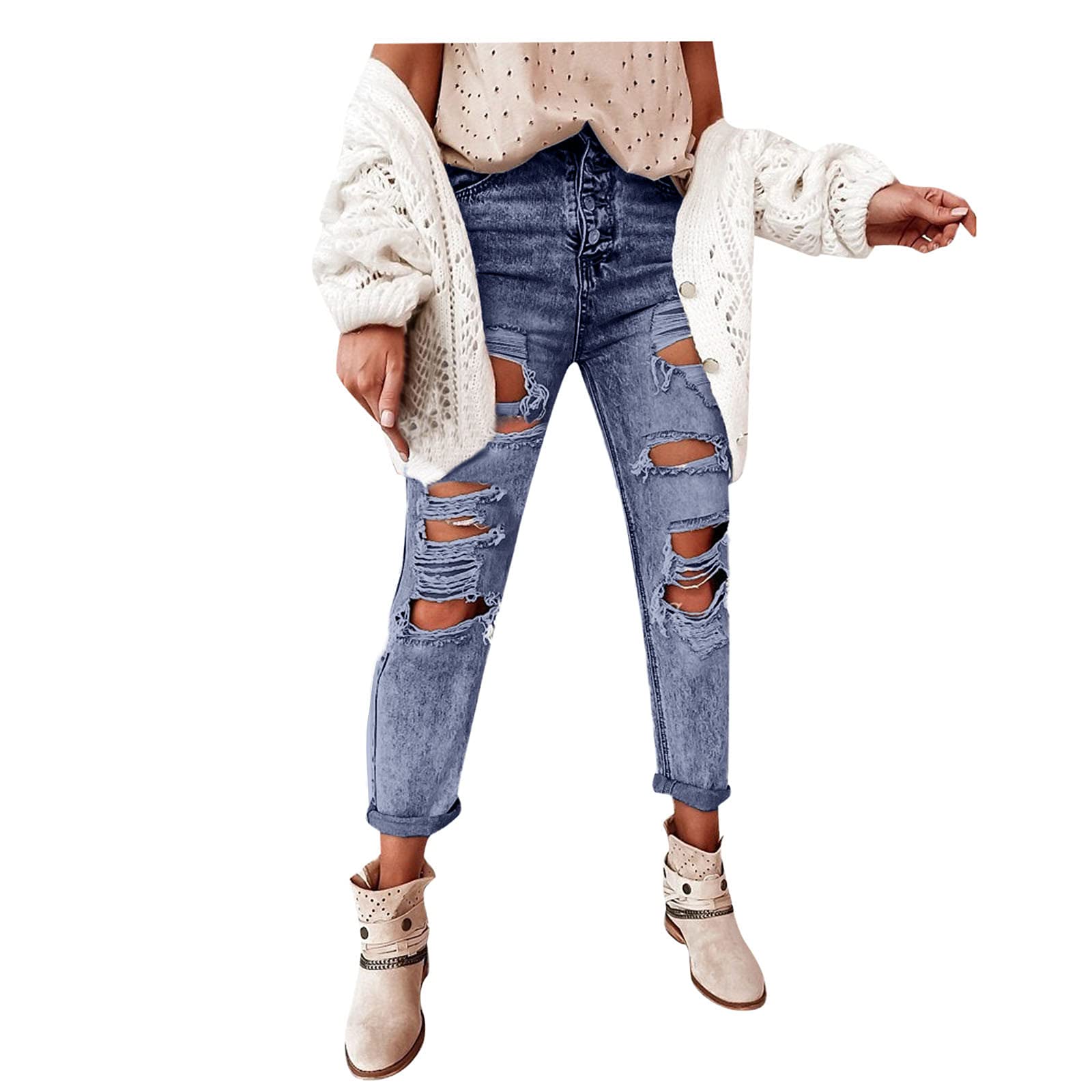 Stylish Women's High Waisted Skinny Jeans - Stretch Ripped Denim Pants with Destroyed Details & Cuffed Hem | Perfect for Casual Outfits, Date Nights & Streetwear Fashion