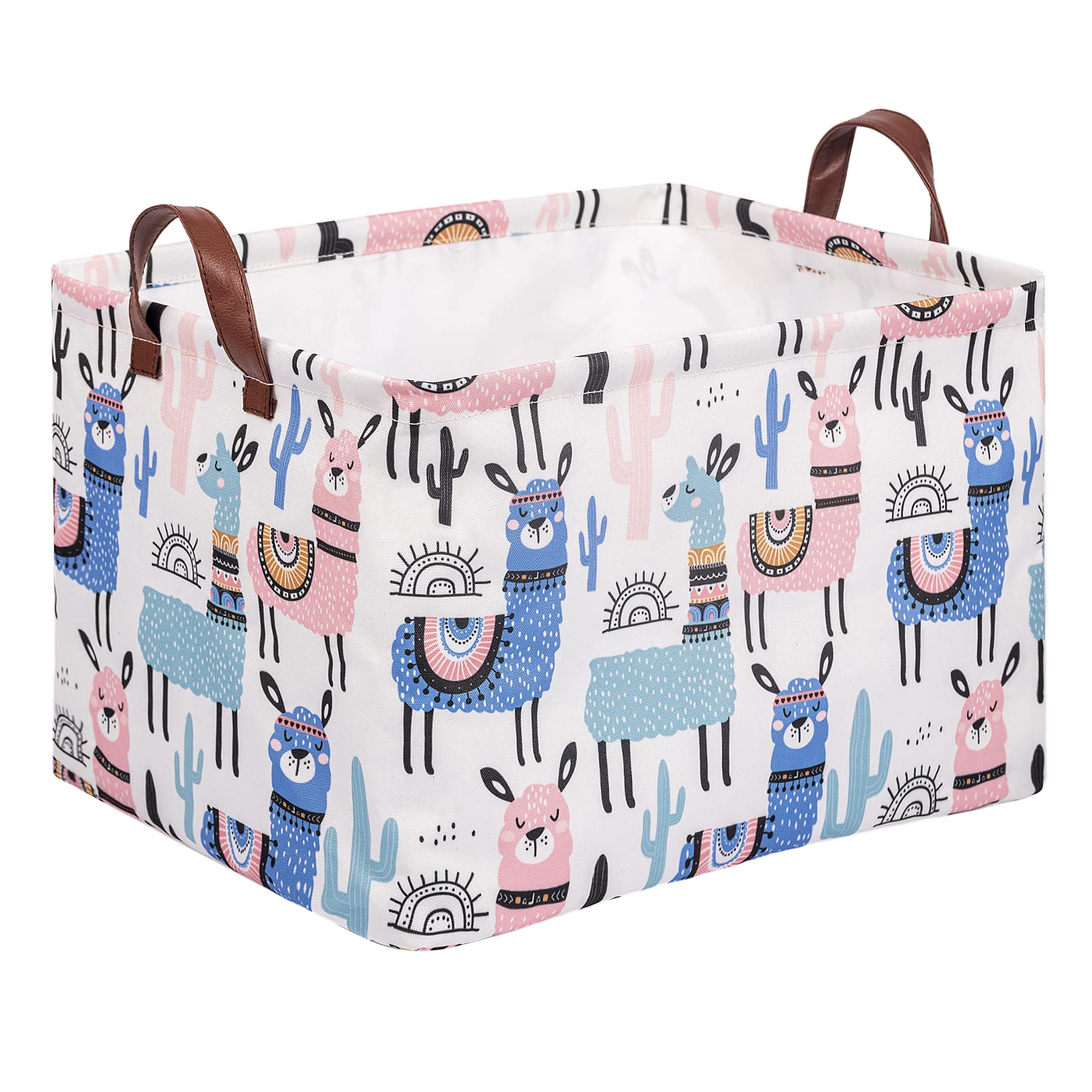 Collapsible Llama Storage Bin Basket with Leather Handles - Waterproof Canvas Storage Cube Box for Closet, Toys, Clothes & Nursery Organization - Perfect Gift Basket for Home, Office & Dorm Room Storage Solutions