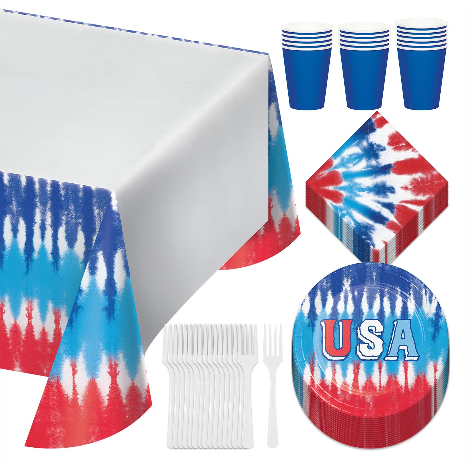 Patriotic Tie Dye Red White Blue USA Party Supplies Set - 16-Piece Dessert Plates, Beverage Napkins, Cups, Forks & Table Cover for 4th of July, Memorial Day & Independence Day Celebrations