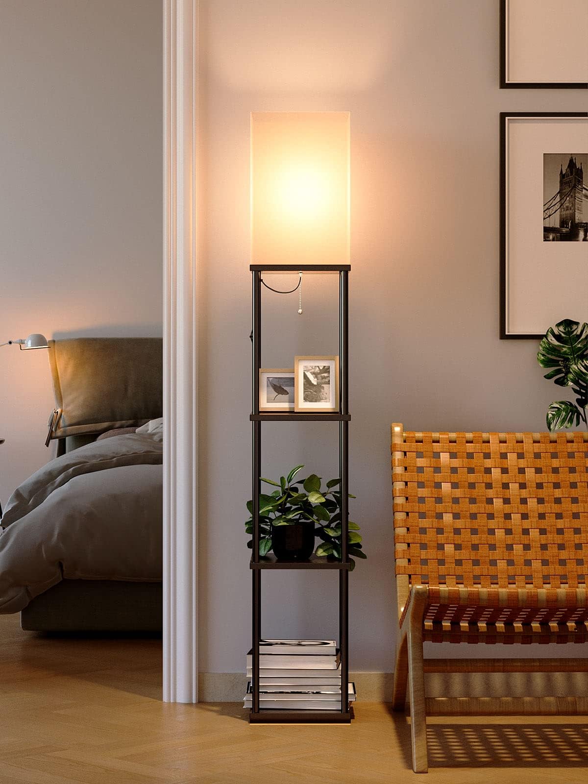 Addlon 4-Tier Modern Shelf Floor Lamp with 3CCT LED Bulb - Adjustable Brightness Display Lamp for Living Room, Bedroom, Office - Space-Saving Storage & Lighting Solution (Black)