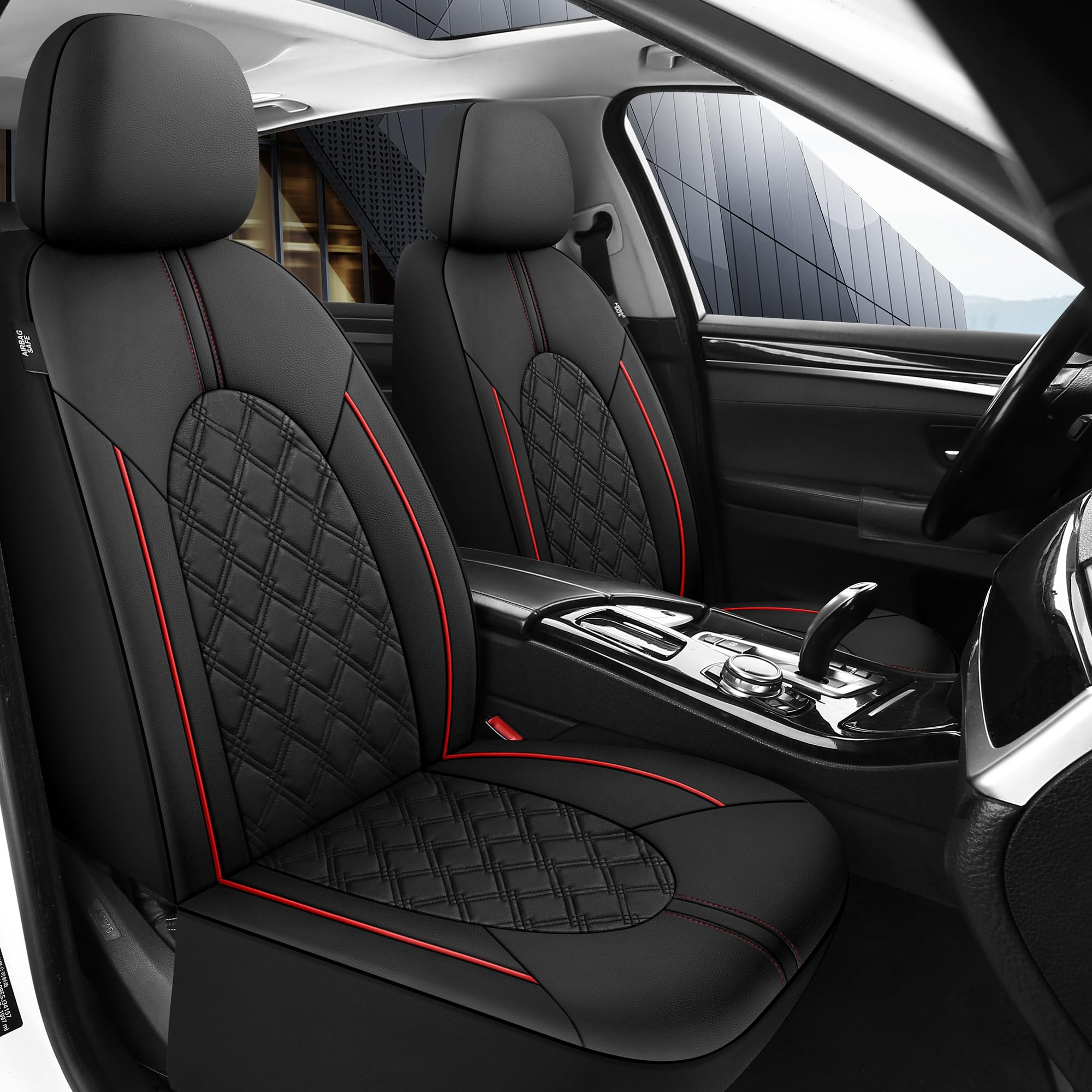 Premium PU Leather Car Seat Covers Full Set - Waterproof Universal Fit for Sedans, SUVs & Trucks | Split Bench Design with Black/Red Stitching | Perfect for Daily Commute, Road Trips & Vehicle Protection