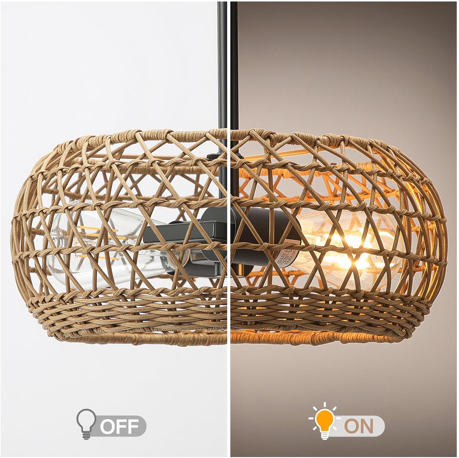Boho Rattan Chandelier - 11.8 Inch Hand Woven 2-Light Pendant Hanging Fixture for Dining Room, Bedroom & Patio Lighting