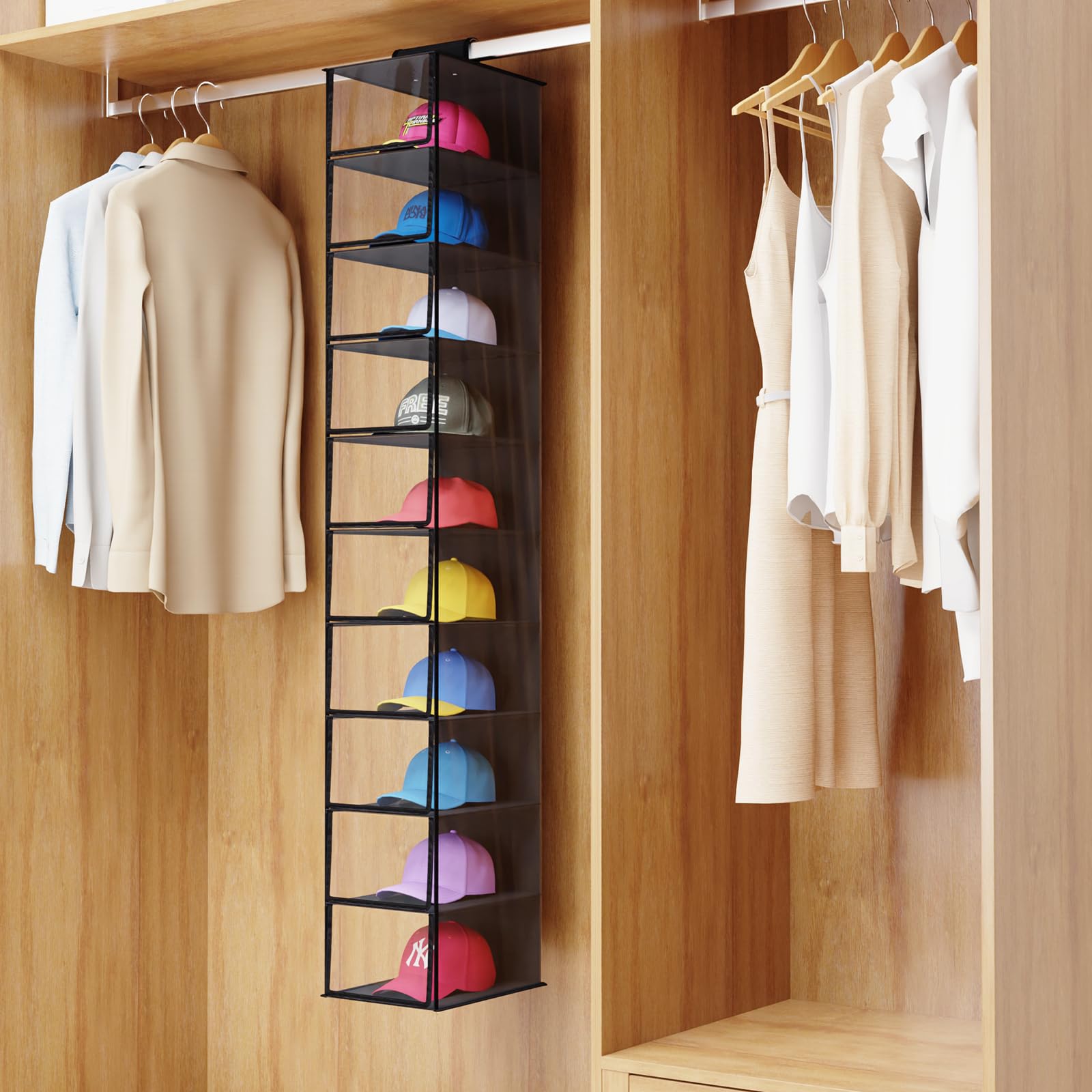 KEEGH 10-Shelf Hat Rack with Dust Cover - Baseball Cap Organizer & Storage for Closet - Clear/Black Hat Holder for Visible Protection - Perfect for Home, Office, and Dorm Organization