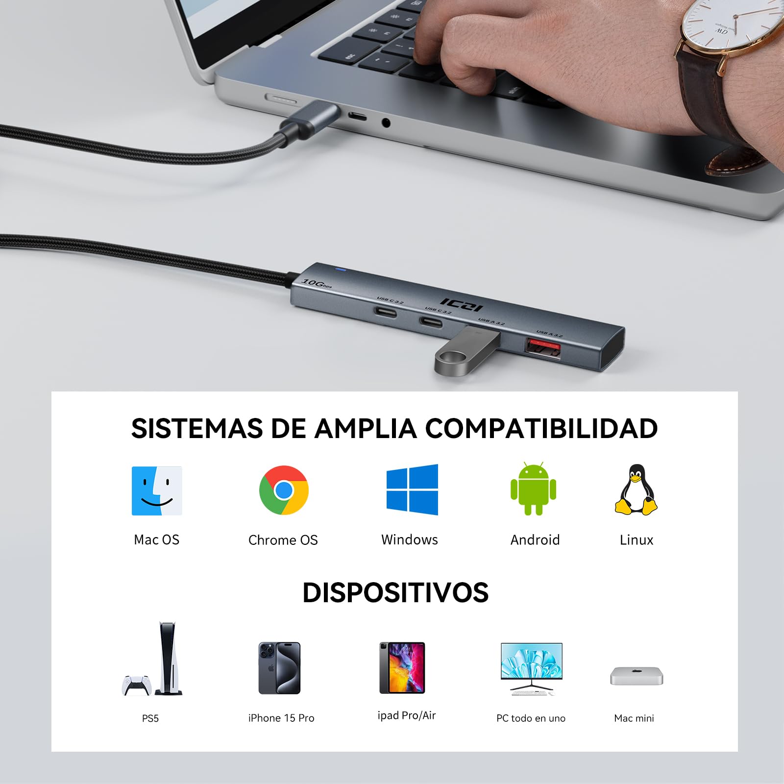 ICZI 10Gbps USB C Hub - Aluminum USB C Splitter with 2 USB-C & 2 USB-A 3.2 Ports - USB C to USB A Adapter for MacBook, Laptop, Phone, Tablet, Hard Drive, Keyboard & Mouse - Perfect for Home Office, Gaming & Travel (No Charging/Monitor Support)