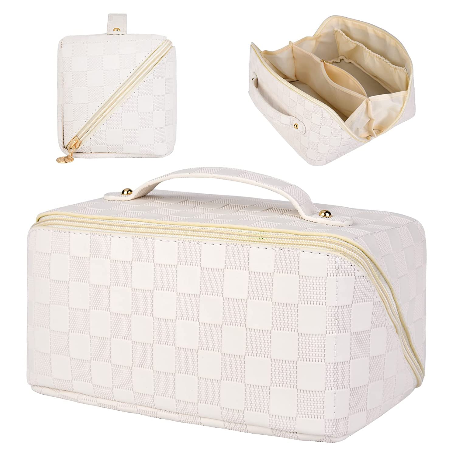 Flywind Large Capacity Travel Cosmetic Bag - Waterproof Checkered Leather Makeup Organizer for Women | Portable Toiletry Bag with Multiple Pockets | Perfect for Airplane Carry-on, Gym, Vacation & Daily Use (Checkered White)