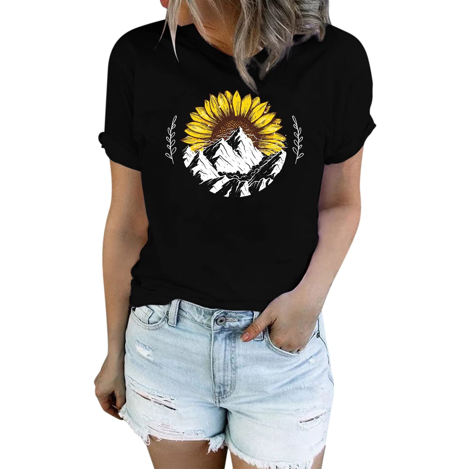 Women's Sunflower & Dandelion Graphic T-Shirt - Cute Short Sleeve Summer Tee - Slim Fit Casual Top for Everyday Wear | Perfect for Beach Outings, Picnics & Weekend Brunch