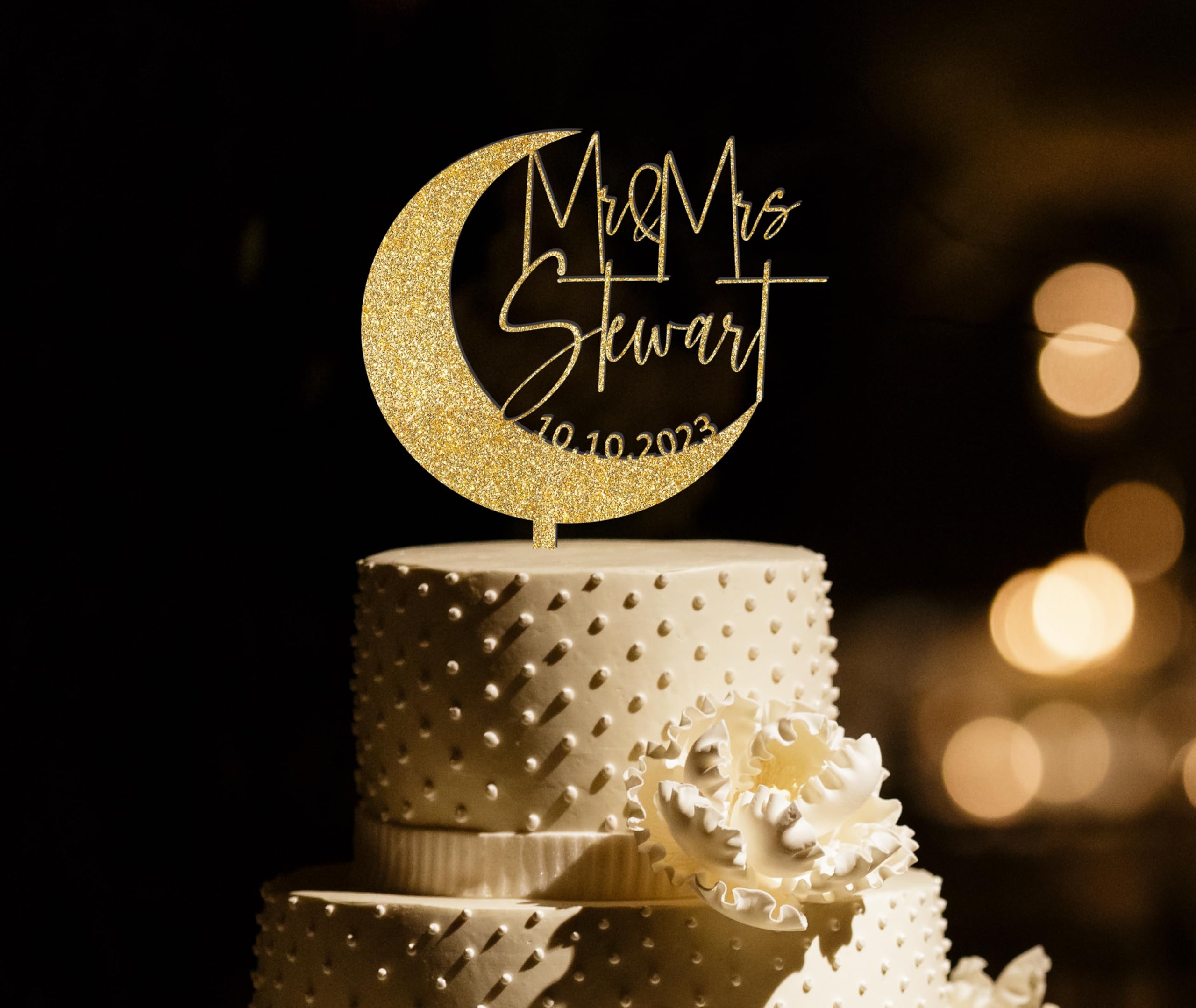 Custom Crescent Moon Wedding Cake Topper - Personalized Celestial Cake Decor with Names & Date - Elegant Country Wedding Cake Topper for Rustic, Boho & Celestial Themed Weddings