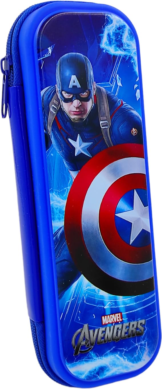 Marvel Captain America Pencil Case with Built-in Pencil Stand - Zippered School Supply Organizer for Boys & Girls - Durable Plastic Art Storage Box (Dark Blue) - Perfect for Classroom, Homework & Travel