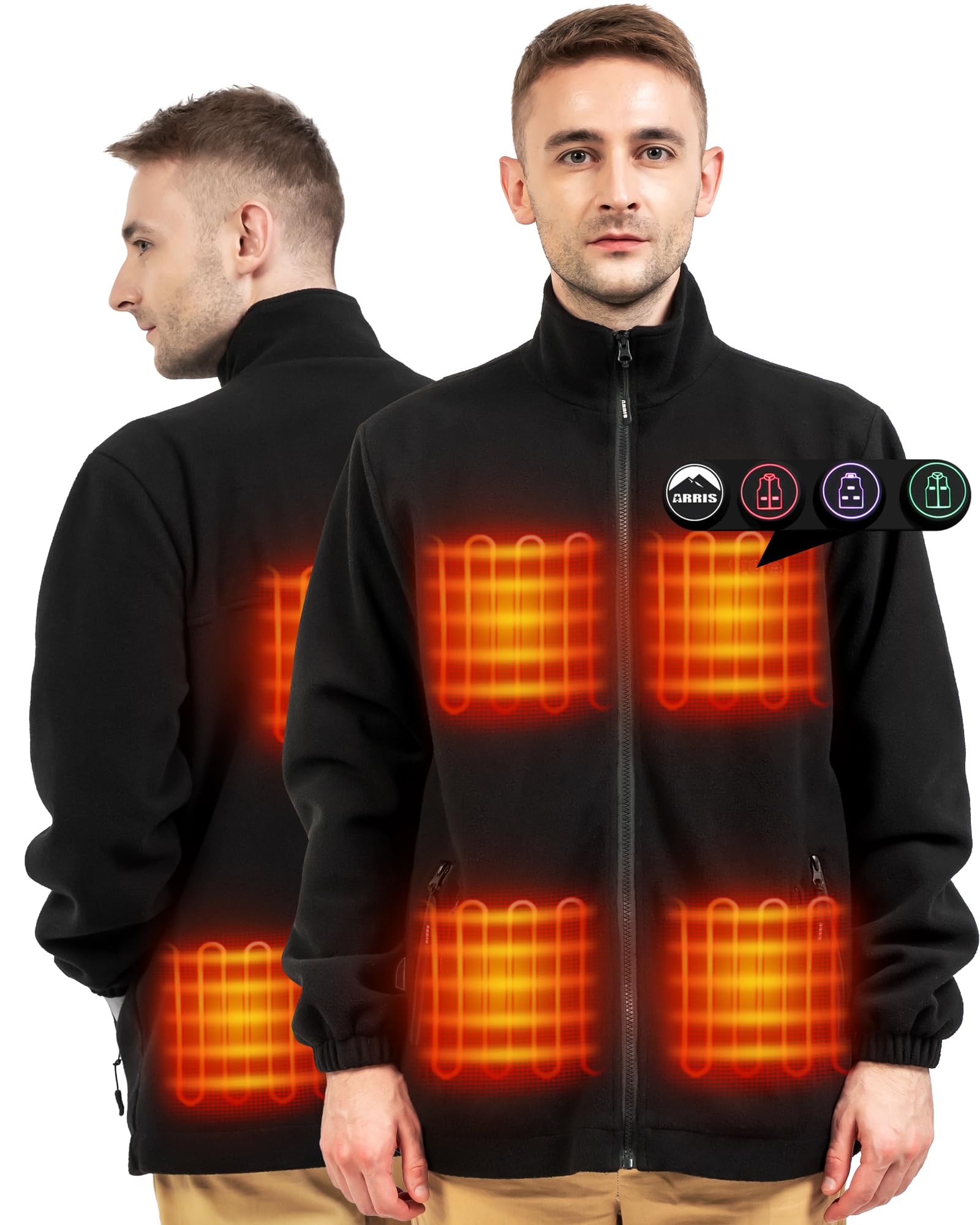 ARRIS Men's Heated Fleece Jacket with Rechargeable Battery - Electric Winter Coat with Full Zip & Hand Warmers for Outdoor Activities, Hunting, Camping, and Cold Weather