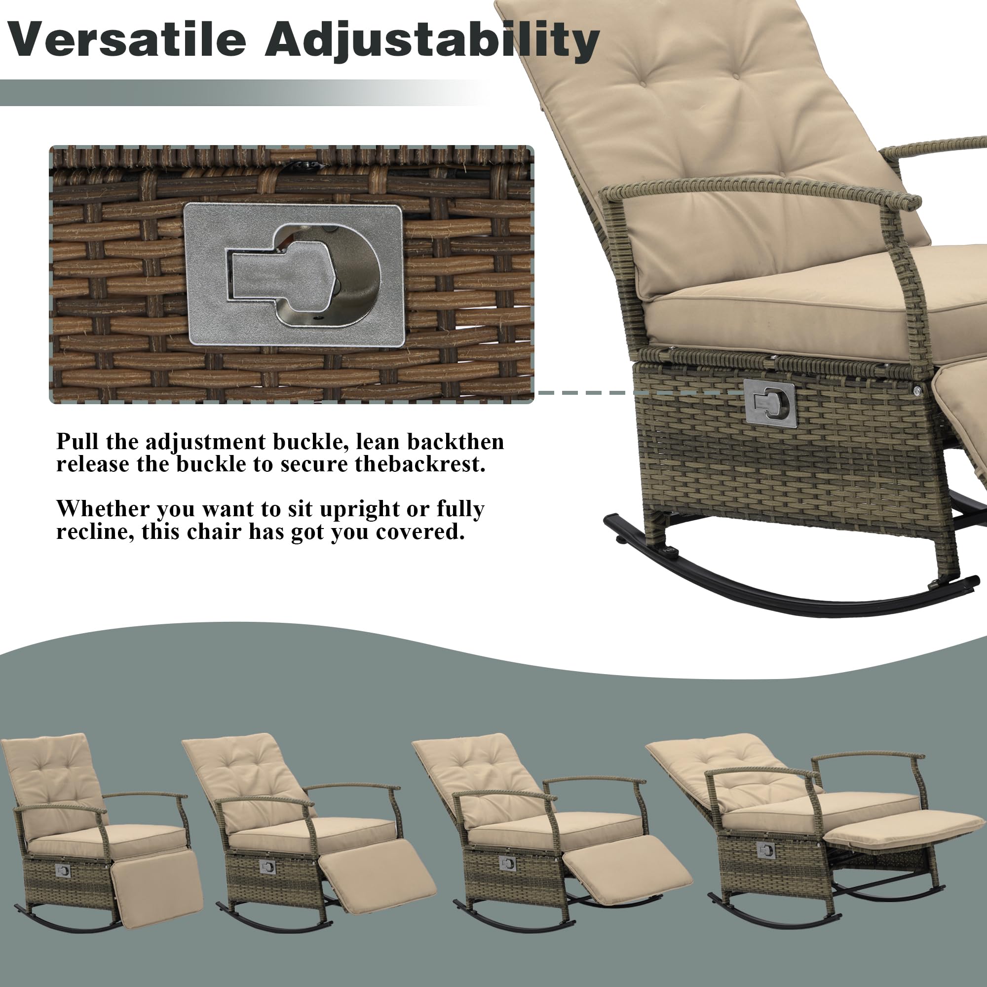 **Outdoor Rocking Chairs Adjustable Rattan Recliner - PE Wicker Patio Furniture Set with Thick Cushions & Removable Glass Tabletop, Beige - Perfect for Garden, Poolside, and Backyard Relaxation**