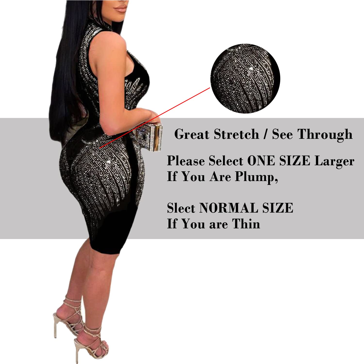 PORRCEY Women's Rhinestone Sleeveless Party Dress - Sexy Elegant Clubwear for Night Out, Evening Gown, Prom or Cocktail Party
